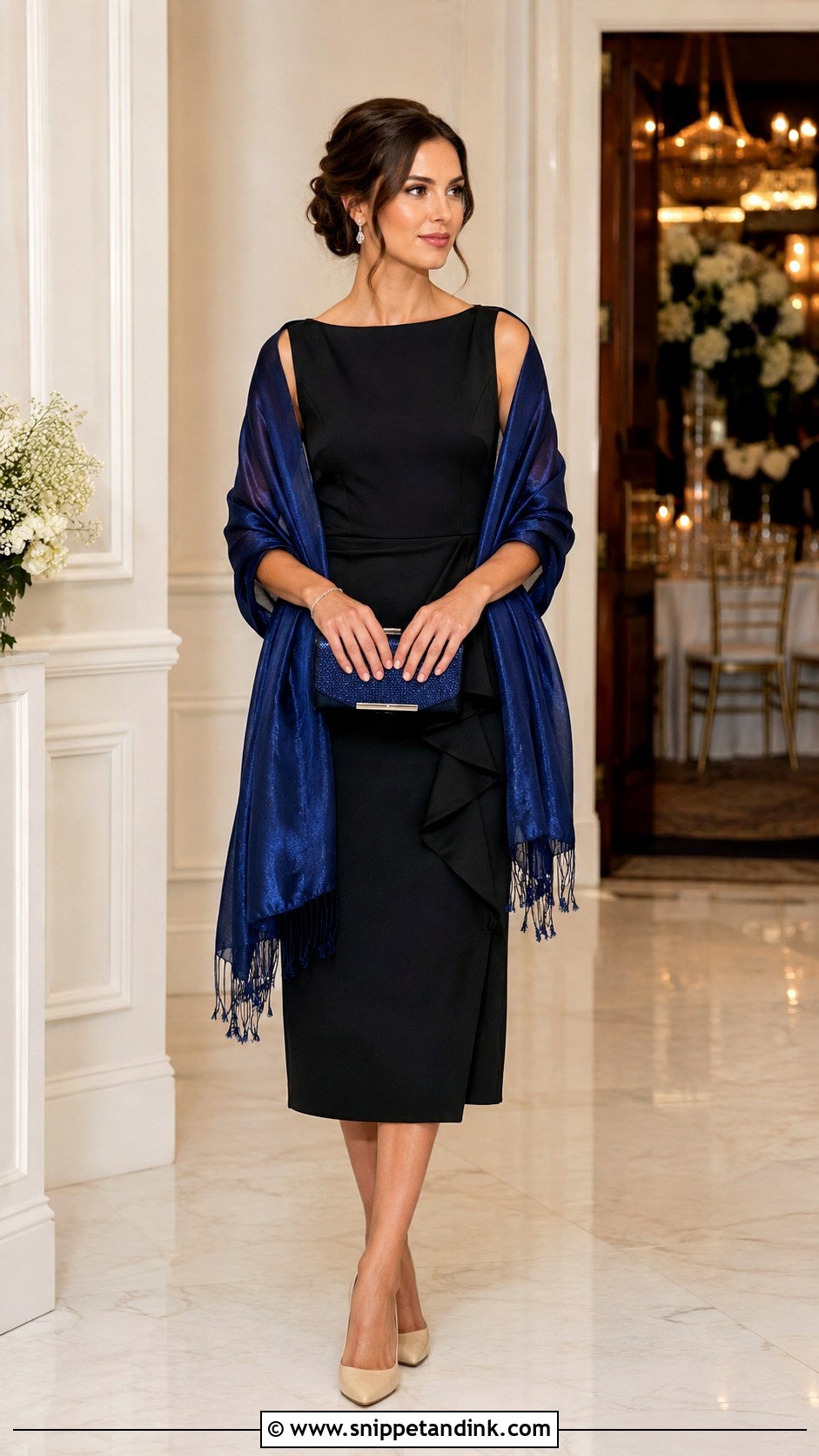 Black Cocktail Dress With a Colorful Shawl - Snippet and Ink - 20 Dressing Up a Black Dress for a Wedding Ideas