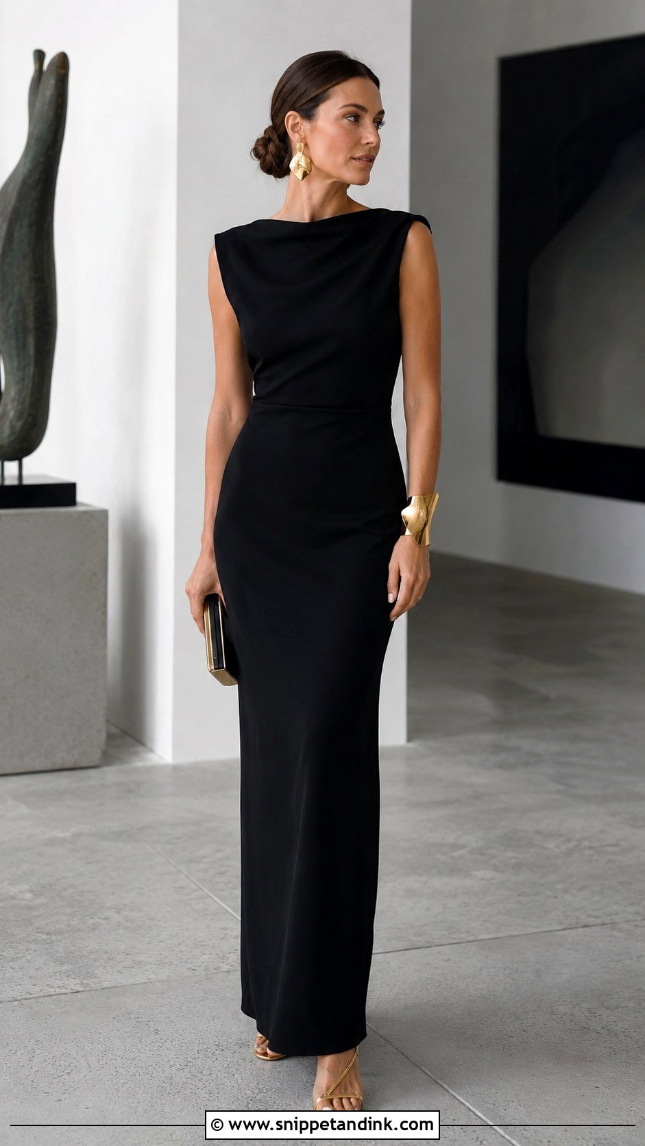 Black Column Dress With Sculptural Gold Jewelry - Snippet and Ink - 20 Dressing Up a Black Dress for a Wedding Ideas