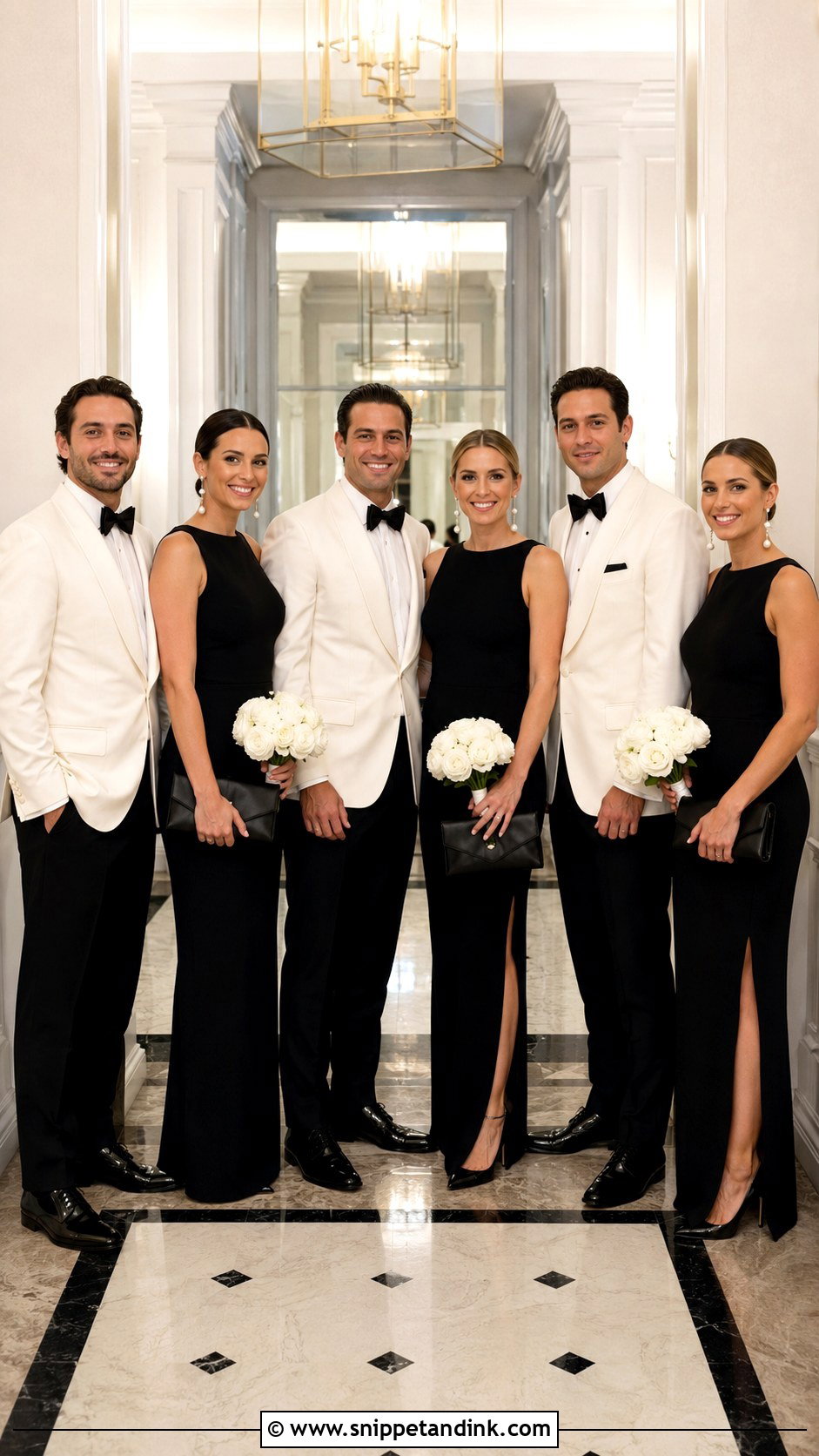 Black Column Gowns And Ivory Dinner Jackets - Snippet and Ink - 20 Black and White Wedding Party Attire Ideas