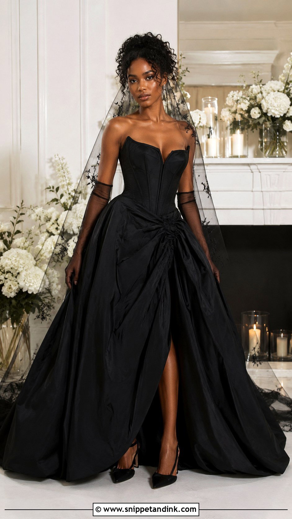 Black Corset Ballgown Wedding Dress With Sheer Gloves - Snippet and Ink - 20 Ballgown Wedding Dress Black Woman Ideas