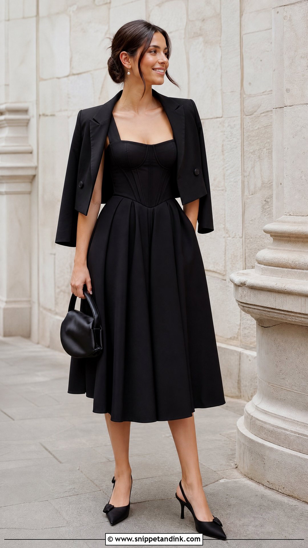 Black Corset Midi Dress Wedding Outfit - Snippet and Ink - 25 Black Dress Outfit Wedding Ideas