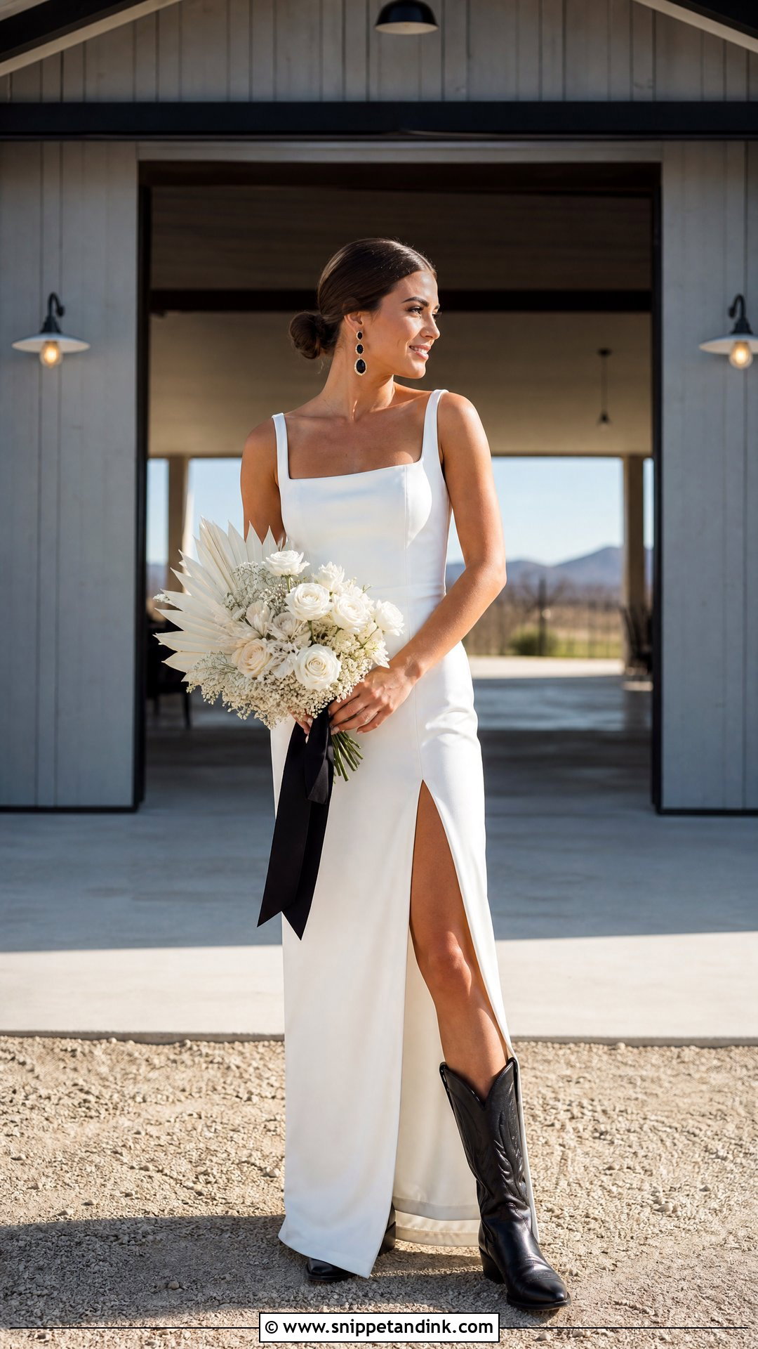 Black Cowgirl Boots With Minimalist Wedding Gown - Snippet and Ink - 20 Wedding Cowgirl Boots for Bride Ideas