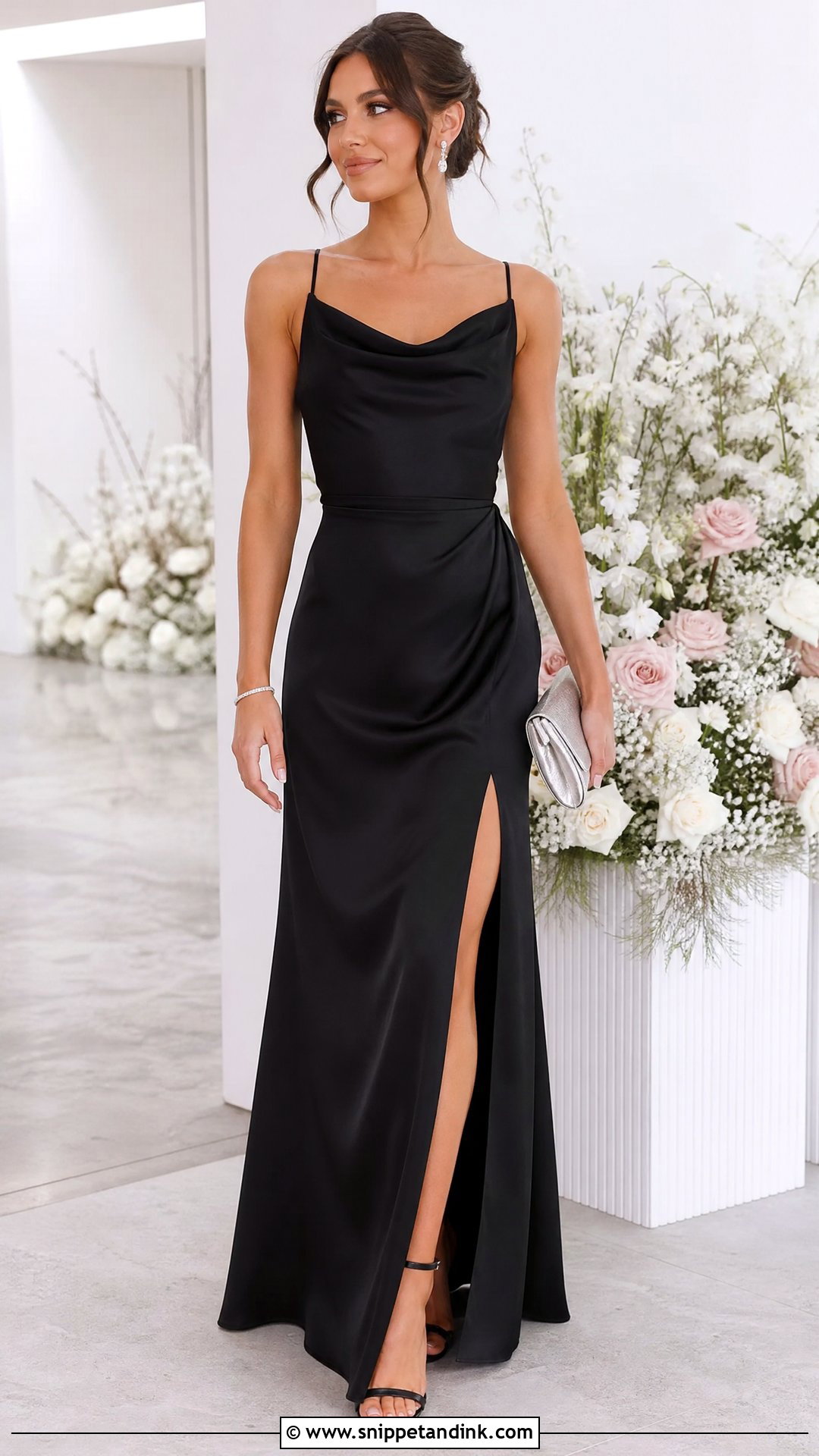Black Cowl Neck Wedding Party Dress With Minimal Jewelry - Snippet and Ink - 20 Wedding Party Black Dresses