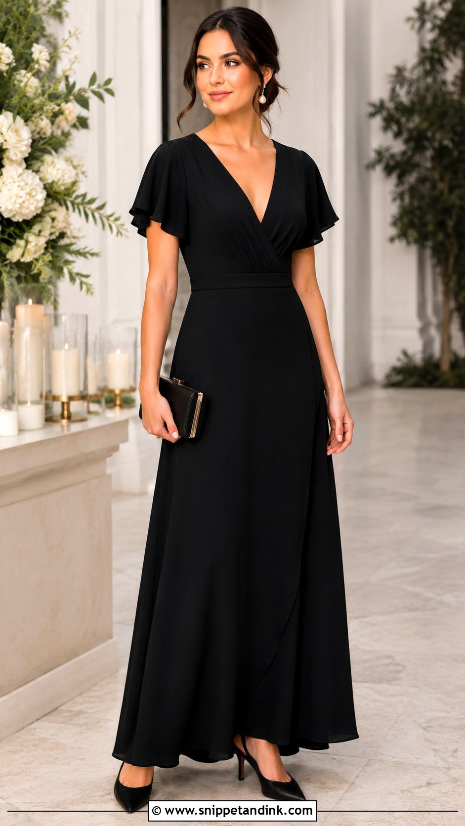Black Crepe Flutter Sleeve Bridal Party Dress - Snippet and Ink - 20 Bridal Party Black Dresses