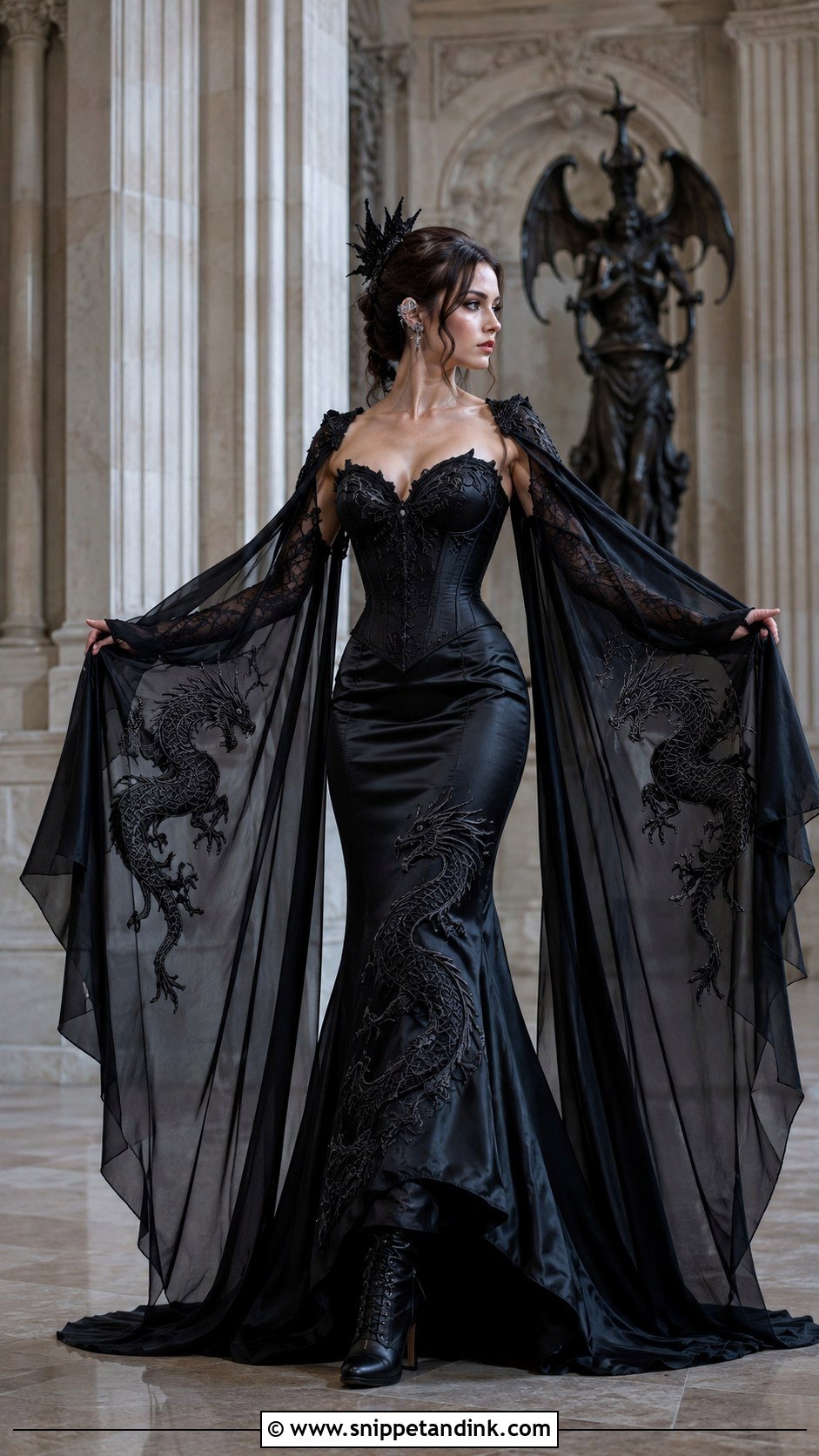 Black Dragon Wedding Dress With A Cape - Snippet and Ink - 20 Dragon Wedding Dress Ideas
