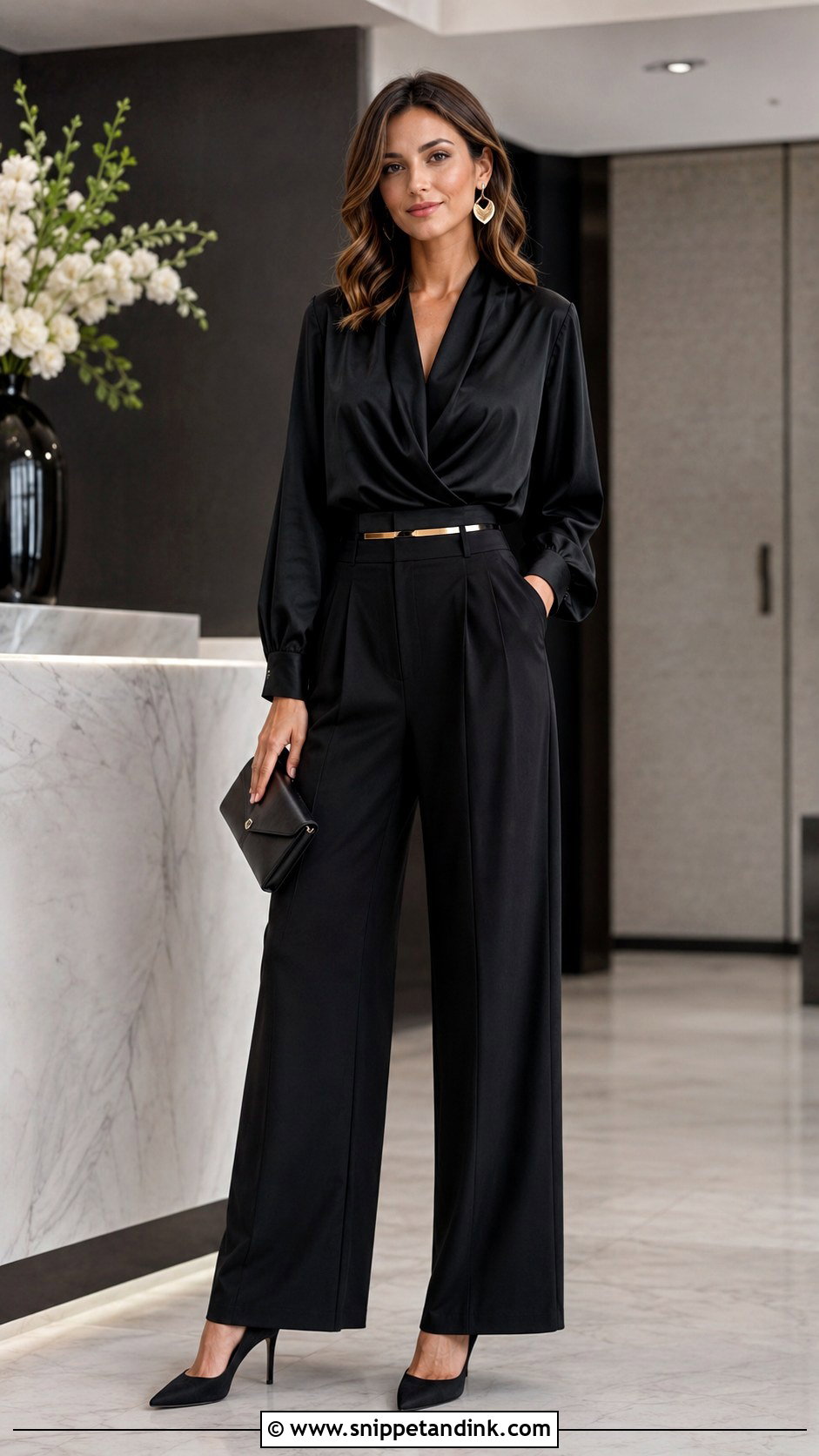 Black Draped Blouse and Wide Leg Pants Outfit - Snippet and Ink - 20 Black Wedding Party Attire Ideas