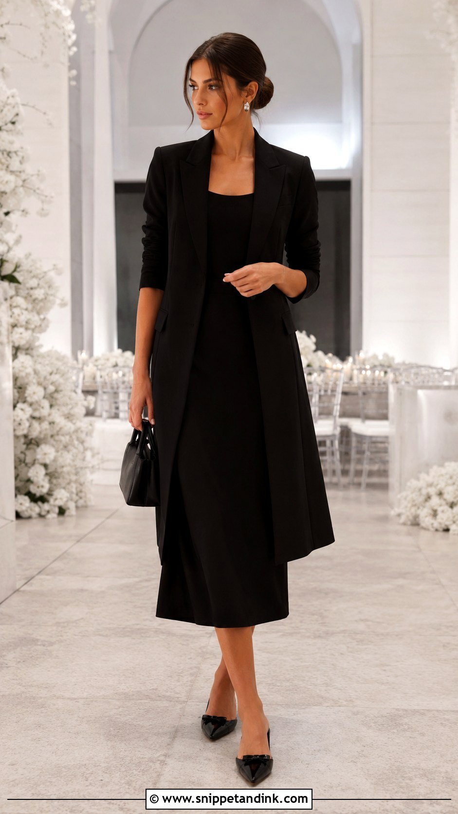 Black Dress And Longline Blazer Officiant Outfit - Snippet and Ink - 20 Female Officiant Attire Wedding Ideas