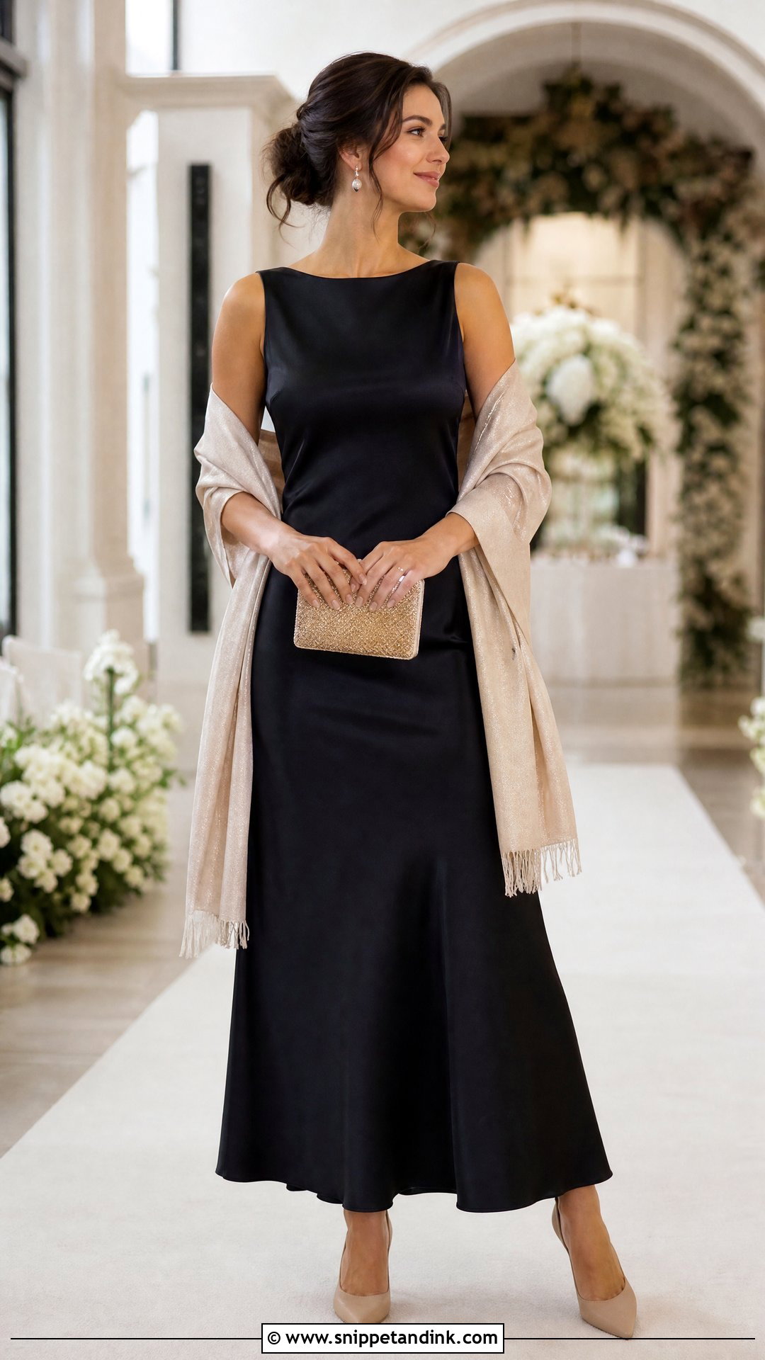 Black Dress With Shawl Wedding Outfit - Snippet and Ink - 25 Black Dress Outfit Wedding Ideas