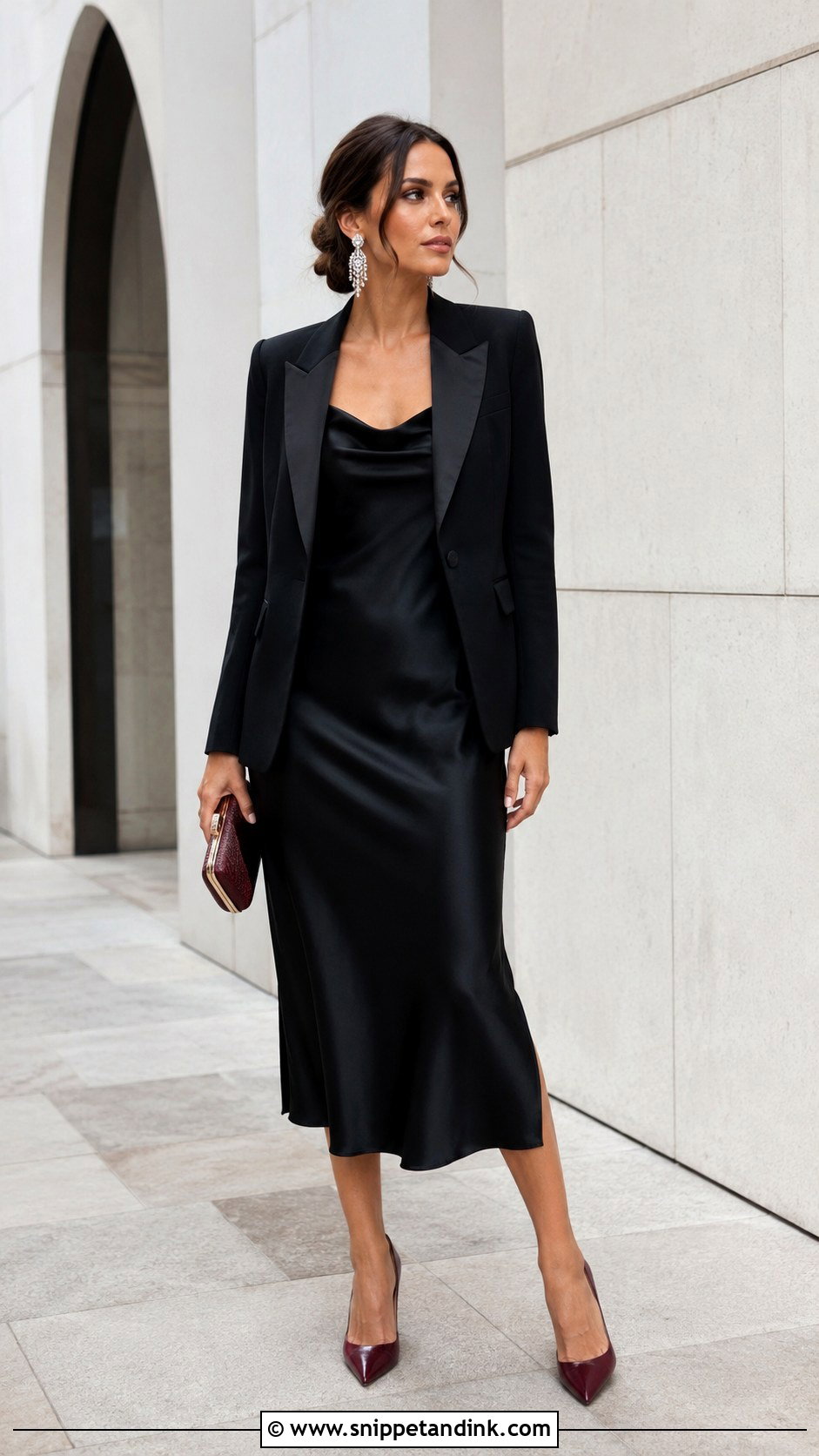 Black Dress With a Tuxedo Blazer and Pumps - Snippet and Ink - 20 Dressing Up a Black Dress for a Wedding Ideas