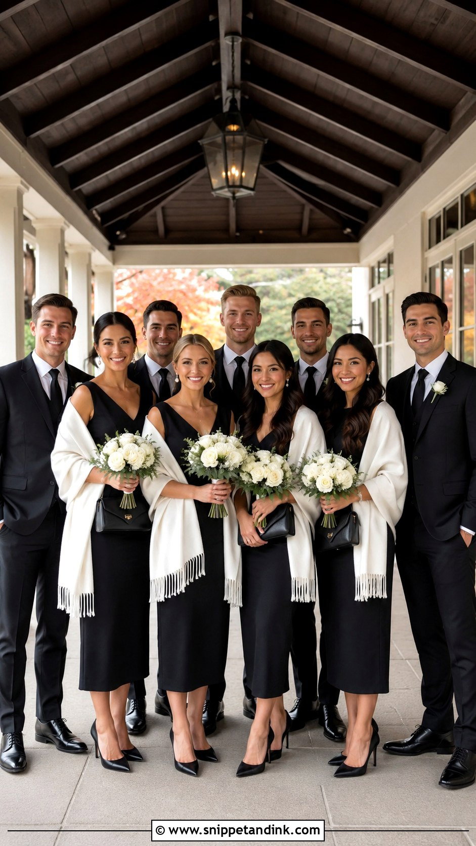 Black Dresses With White Shawls And Black Suits - Snippet and Ink - 20 Black and White Wedding Party Attire Ideas