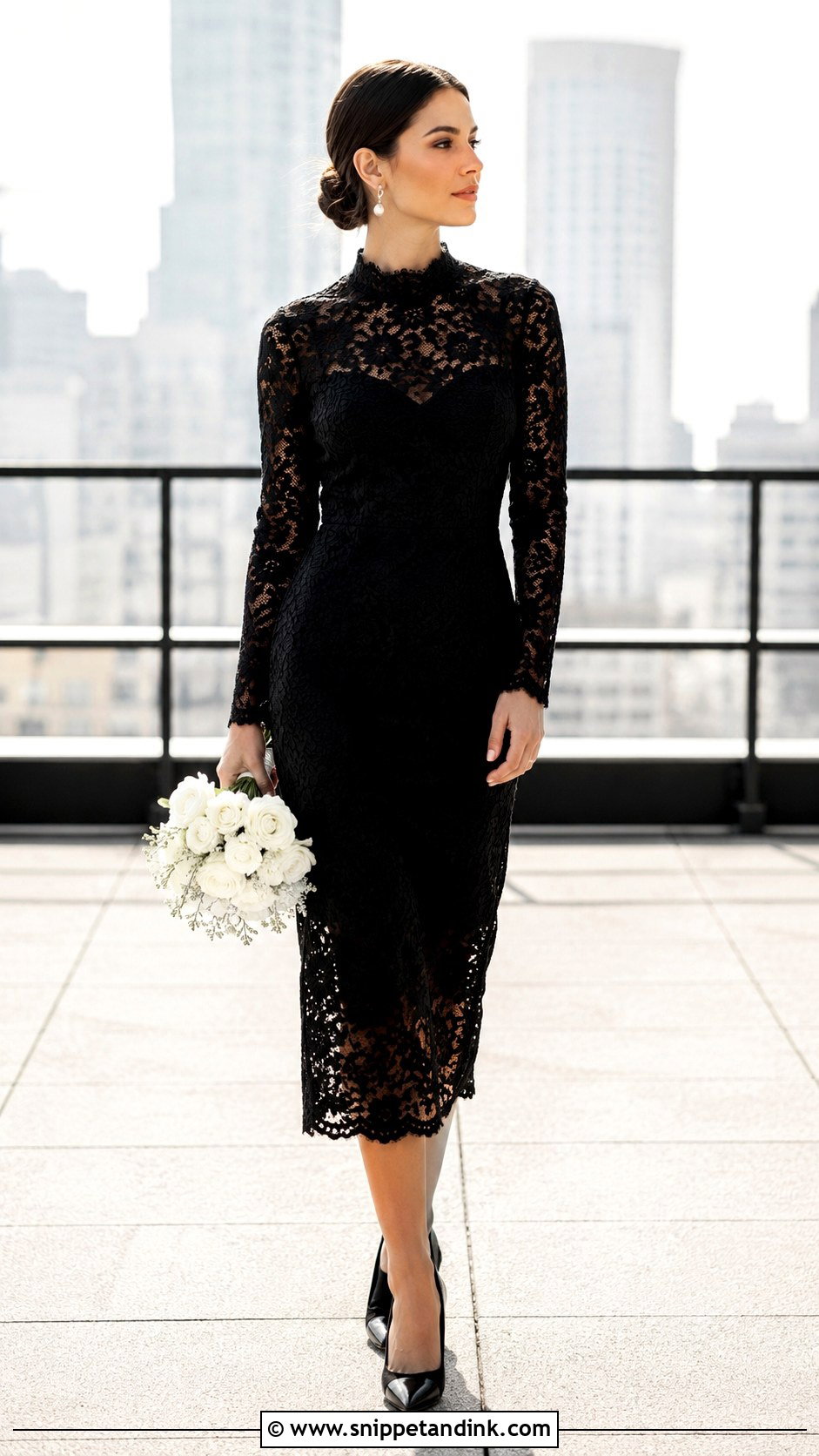 Black Elopement Dress With White Bouquet - Snippet and Ink - 25 Elopement Dresses