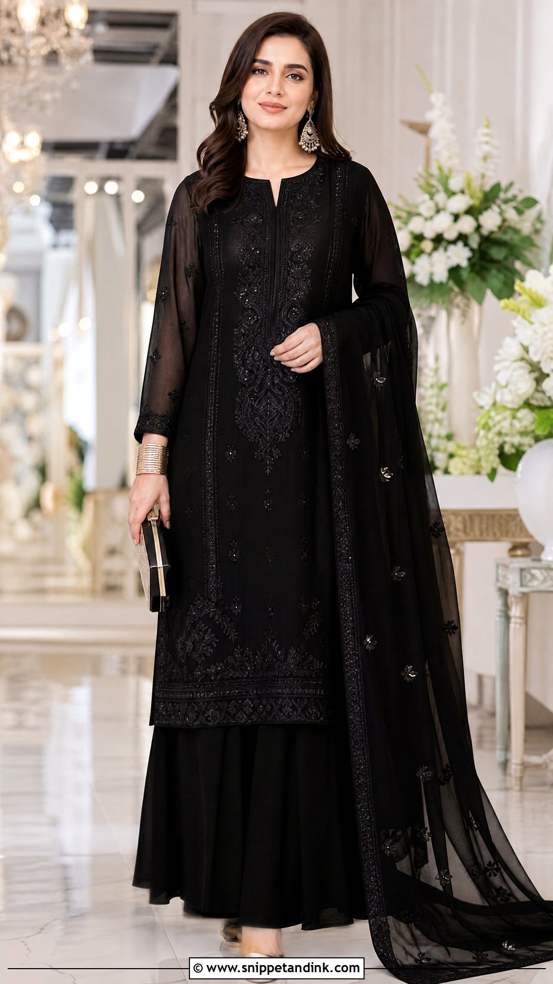 Black Embroidered Kurta And Palazzo Dress - Snippet and Ink - 20 Pakistani Function Dresses