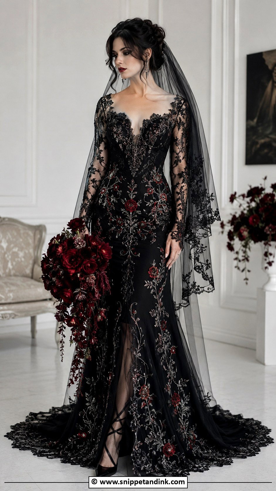 Black Embroidered Vampire Wedding Dress - Snippet and Ink - 25 Vampire Wedding Dress Ideas