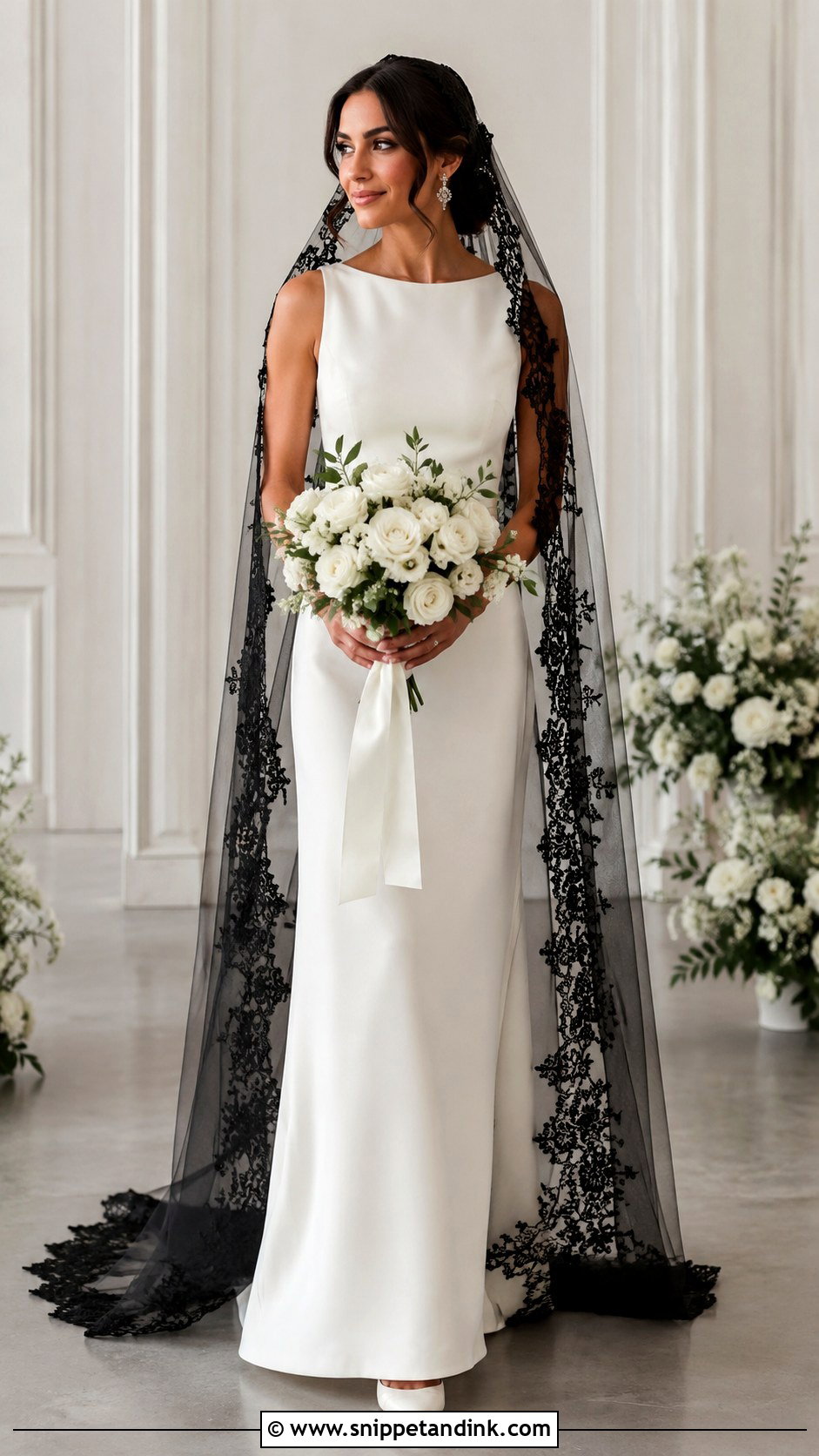 Black Embroidered Veil With Plain Crepe Gown - Snippet and Ink - 20 Black Vail Bride Ideas