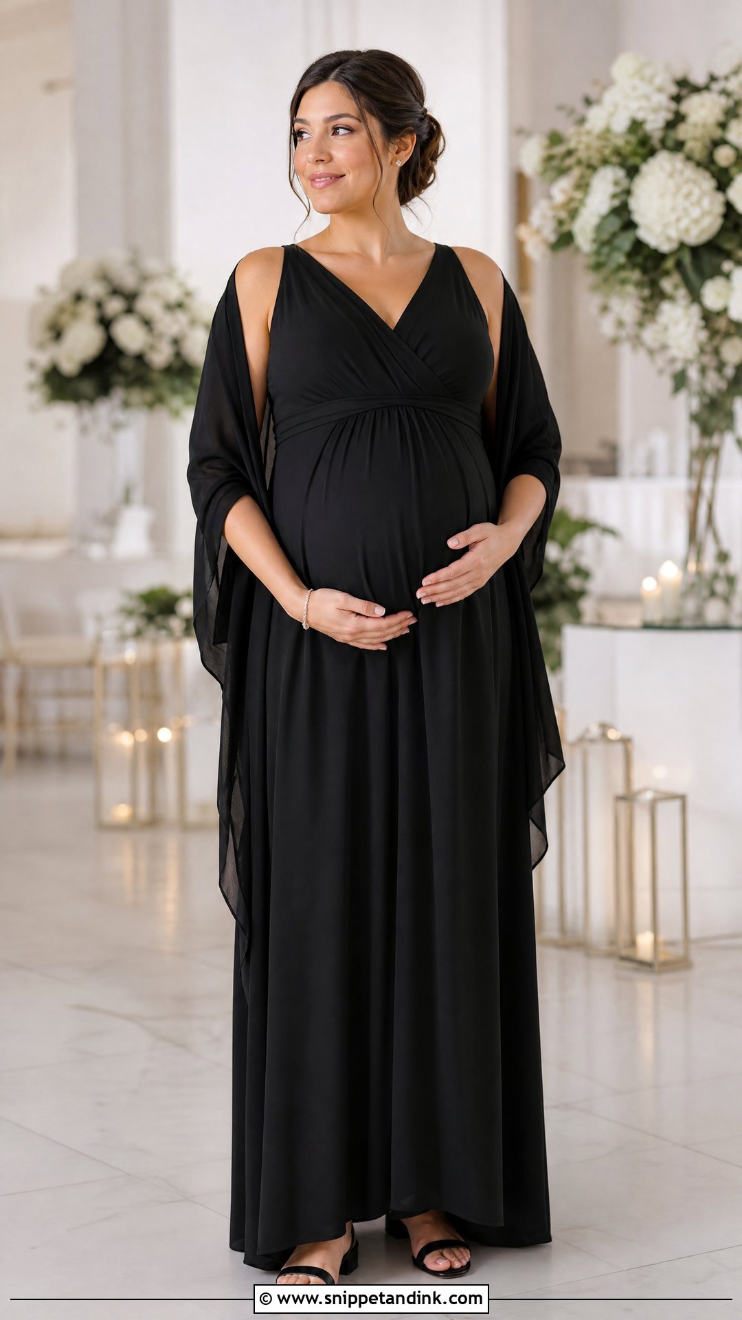 Black Empire Waist Wedding Party Dress With Comfortable Sandals - Snippet and Ink - 20 Wedding Party Black Dresses
