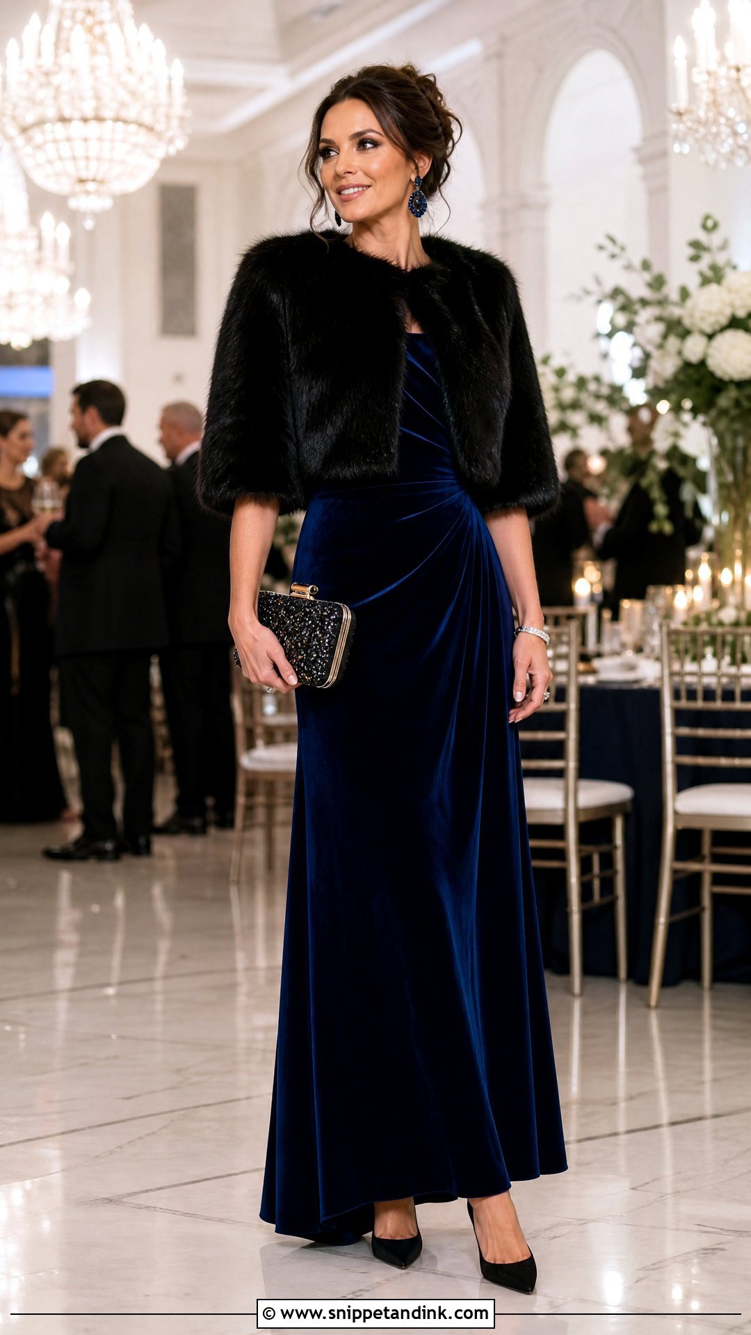 Black Faux Fur Shawl With Jewel Tone Gown - Snippet and Ink - 20 Winter Wedding Shawl Ideas