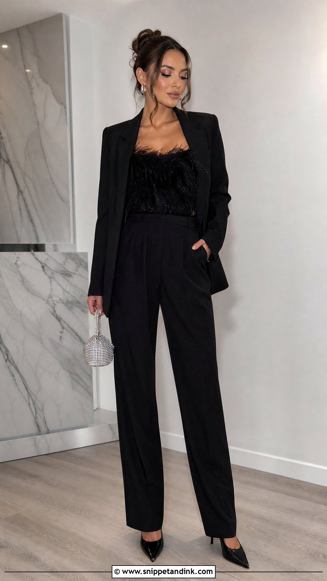 Black Feather Top And Trousers Winter Bachelorette Party Outfit - Snippet and Ink - 25 Winter Bachelorette Party Outfit Ideas
