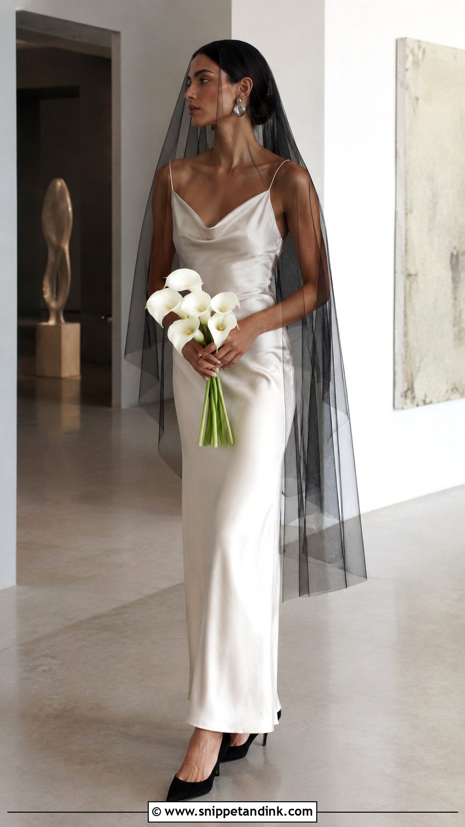 Black Fingertip Veil With Minimalist Slip Dress - Snippet and Ink - 20 Black Vail Bride Ideas