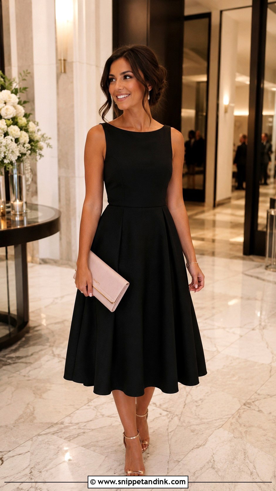 Black Fit and Flare Dress With Rose Gold Accessories - Snippet and Ink - 20 Dressing Up a Black Dress for a Wedding Ideas