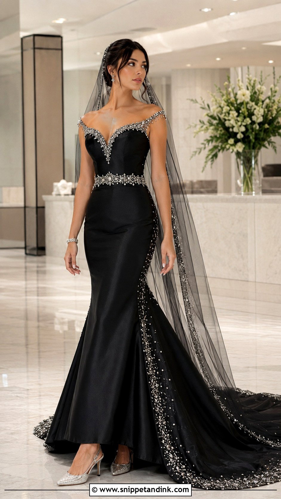 Black Fit and Flare Wedding Dress With Silver Crystals - Snippet and Ink - 20 Black and Silver Wedding Dress Ideas