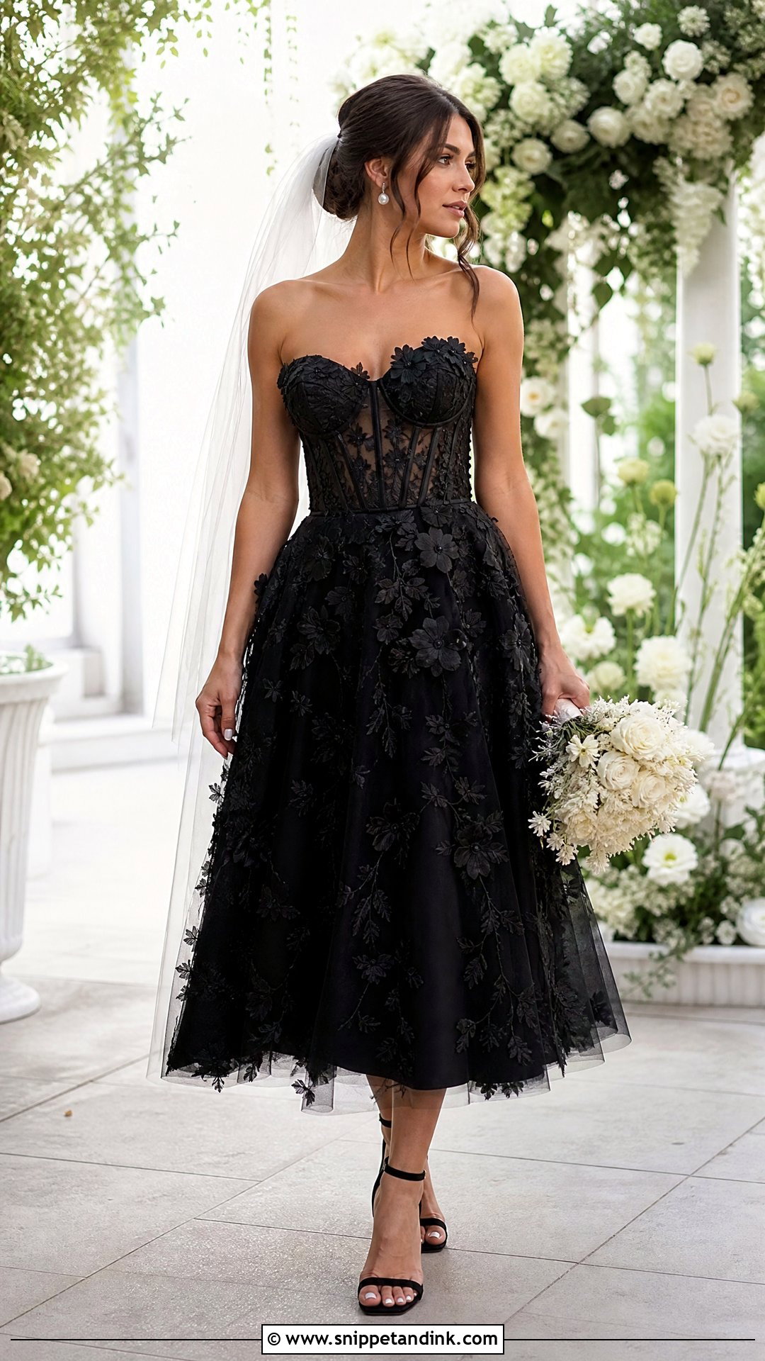 Black Floral Applique Corset Dress - Snippet and Ink - 20 Black Corset Wedding Dress Ideas