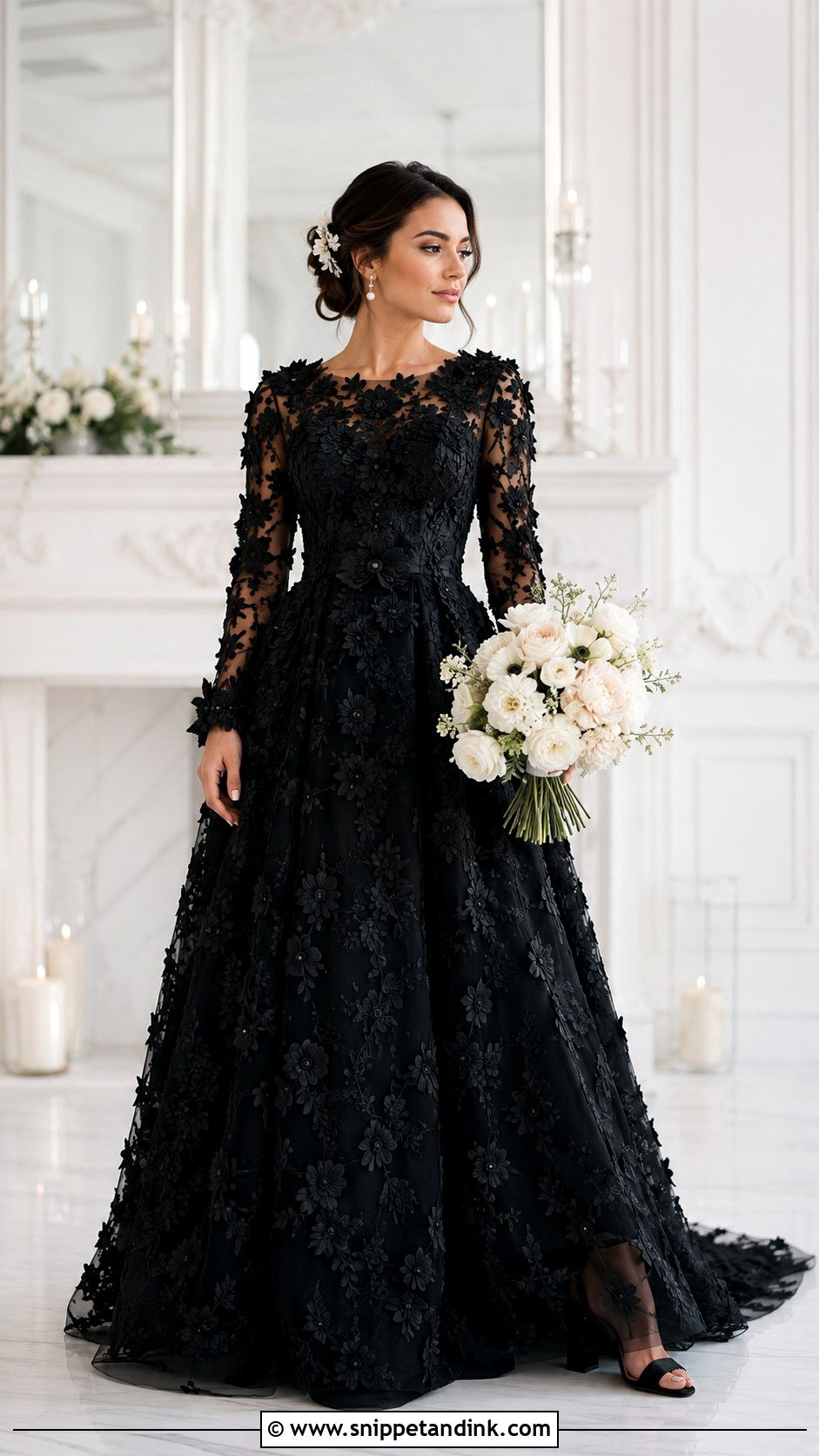 Black Floral Applique Long Sleeve Wedding Dress - Snippet and Ink - 20 Black Long Sleeve Wedding Dress Ideas