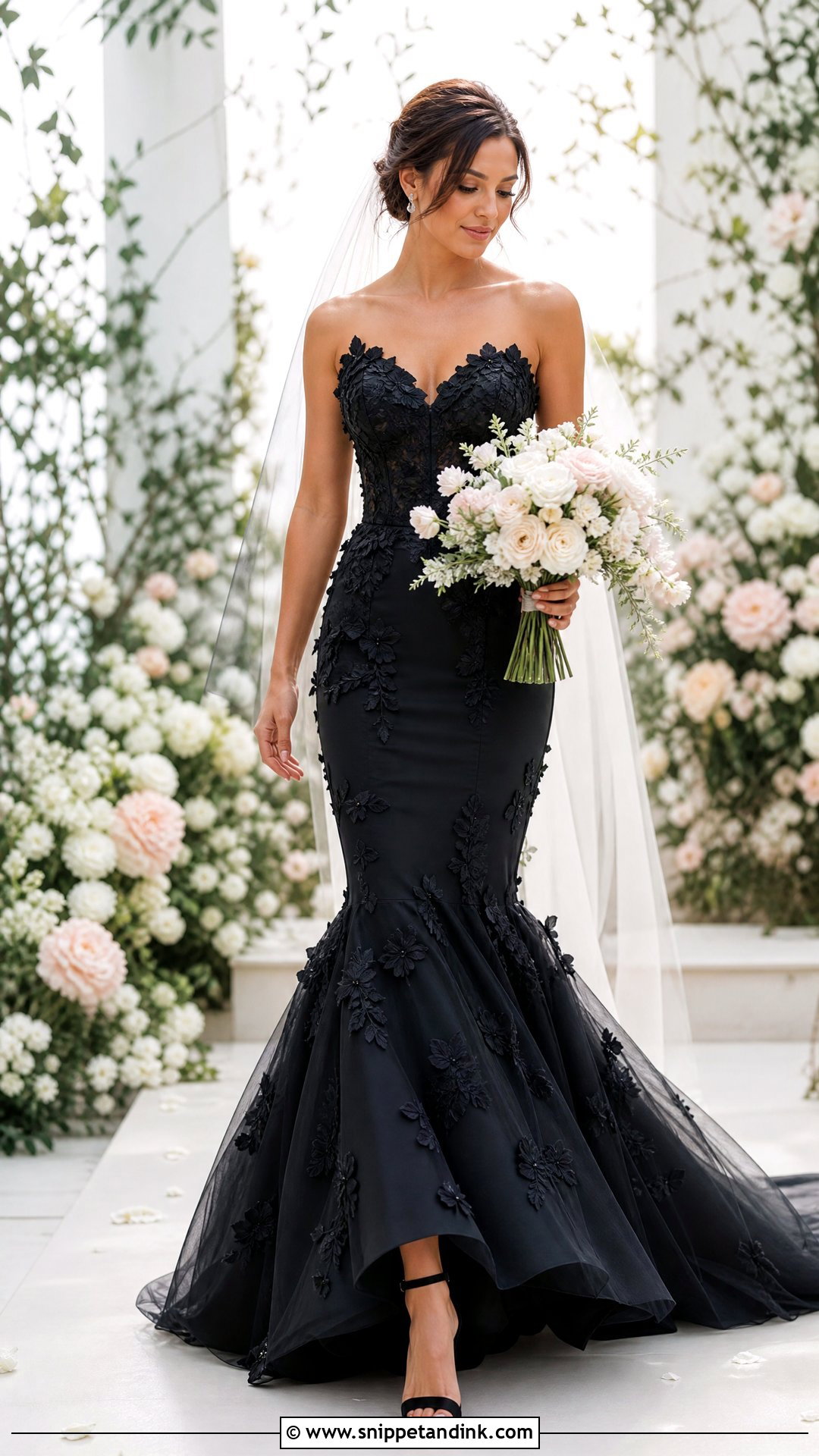 Black Floral Applique Mermaid Wedding Dress - Snippet and Ink - 25 Black Mermaid Wedding Dress Ideas