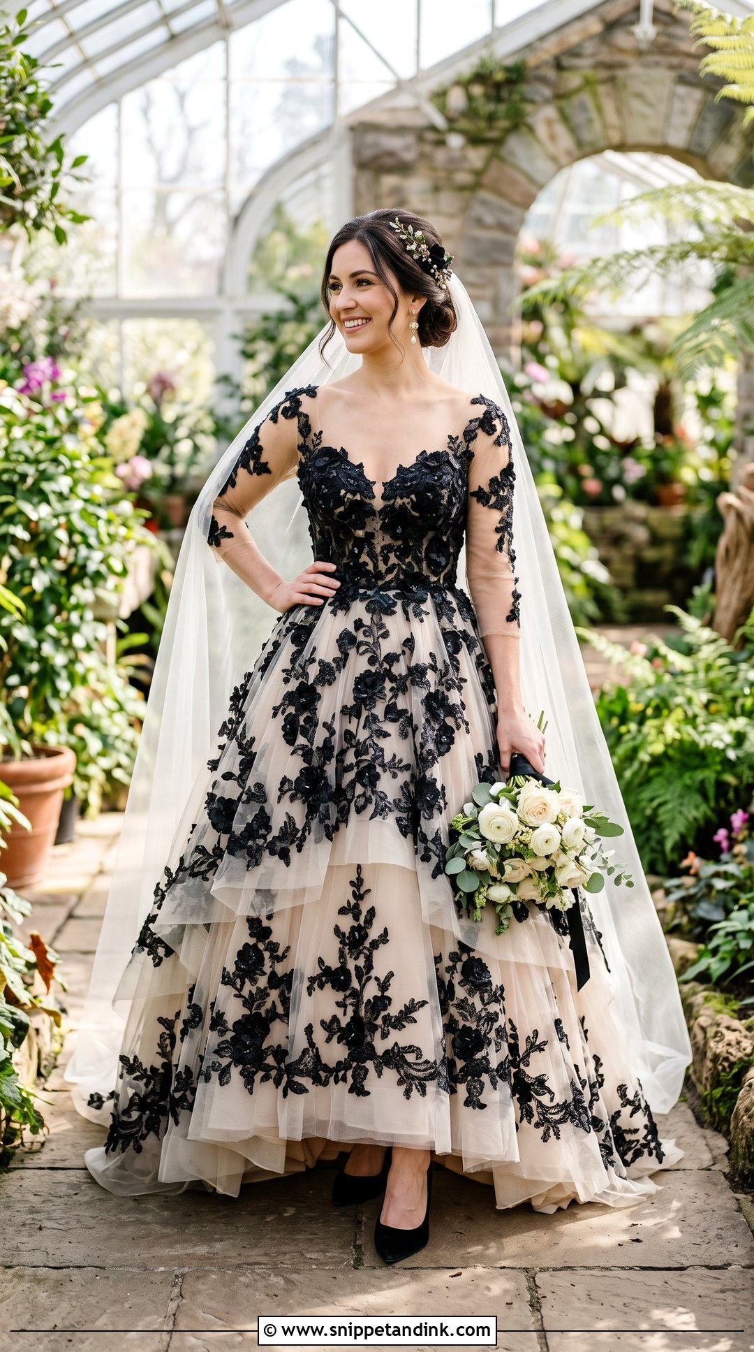 Black Floral Applique Princess Wedding Dress - Snippet and Ink - 20 Princess Wedding Dresses Black