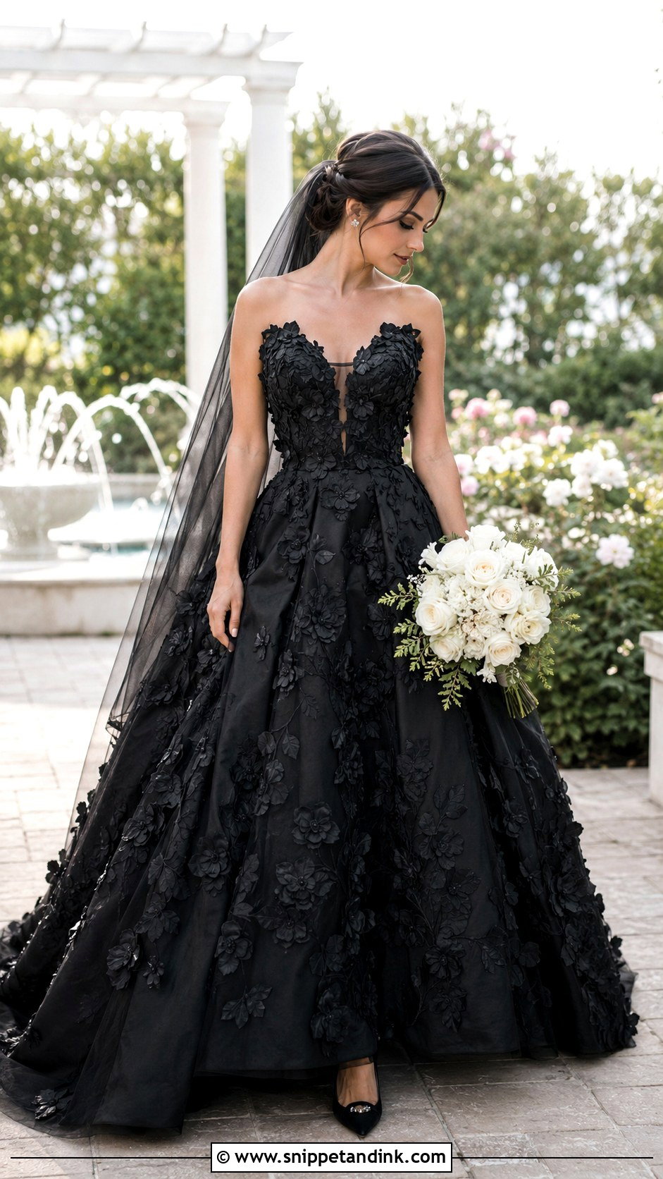 Black Floral Applique Wedding Dress - Snippet and Ink - 20 All Black Wedding Dress Ideas