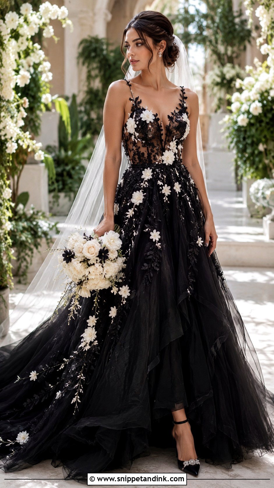 Black Floral Applique Wedding Gown - Snippet and Ink - 20 Black Wedding Gown Ideas