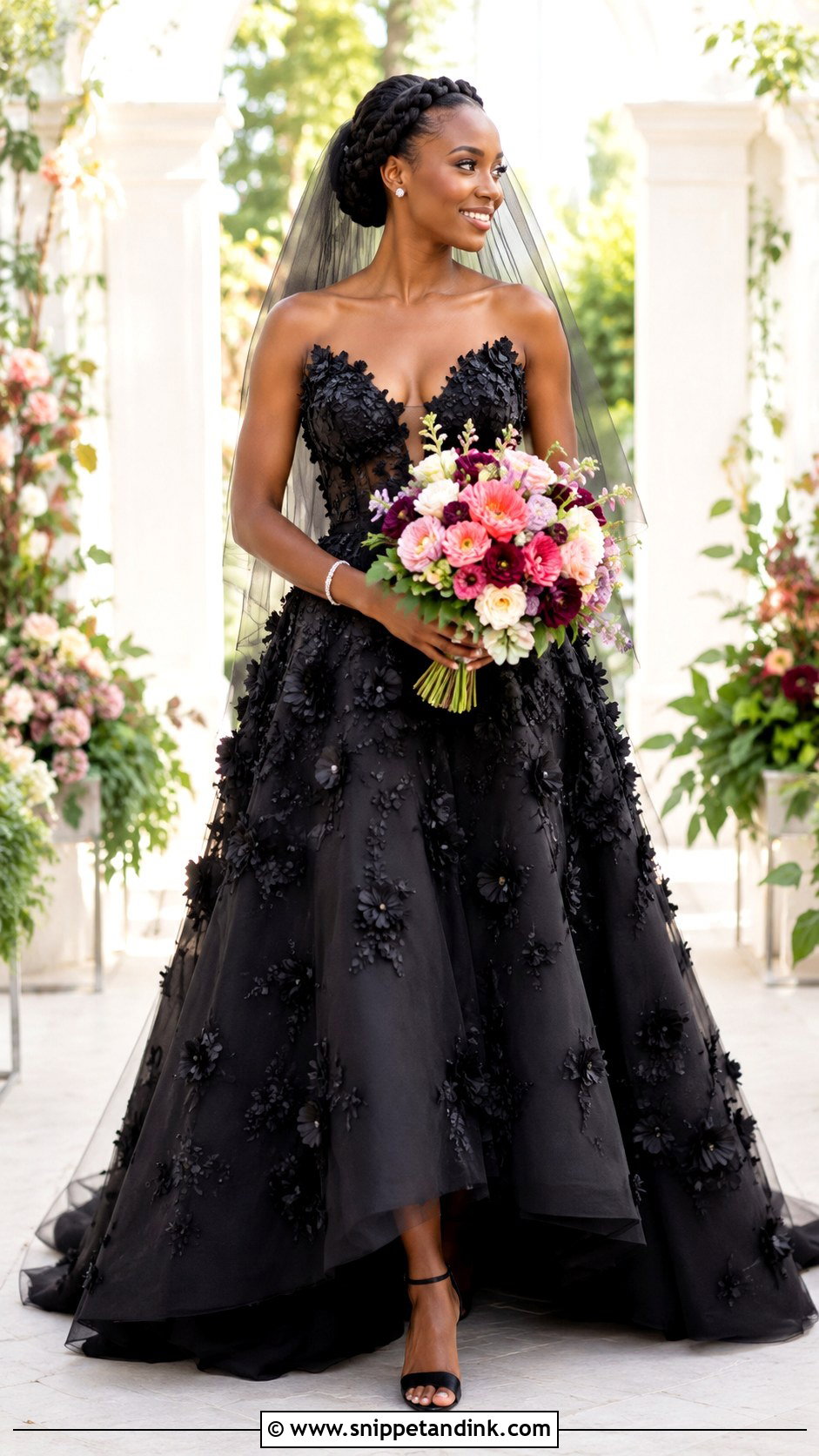 Black Floral Ballgown Wedding Dress With Colorful Bouquet - Snippet and Ink - 20 Ballgown Wedding Dress Black Woman Ideas