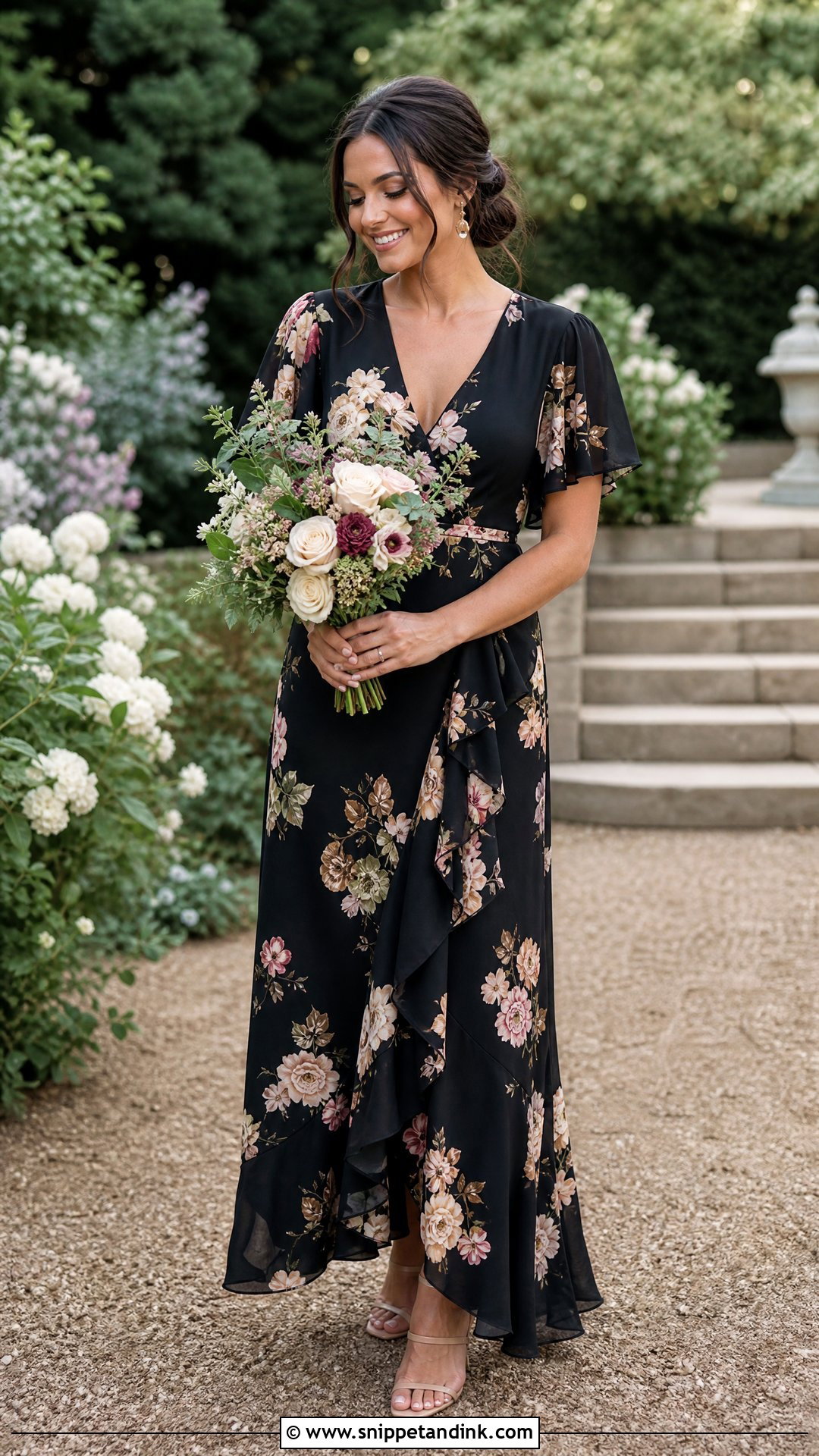 Black Floral Bridesmaid Dress Outfit - Snippet and Ink - 25 Black Bridal Party Ideas