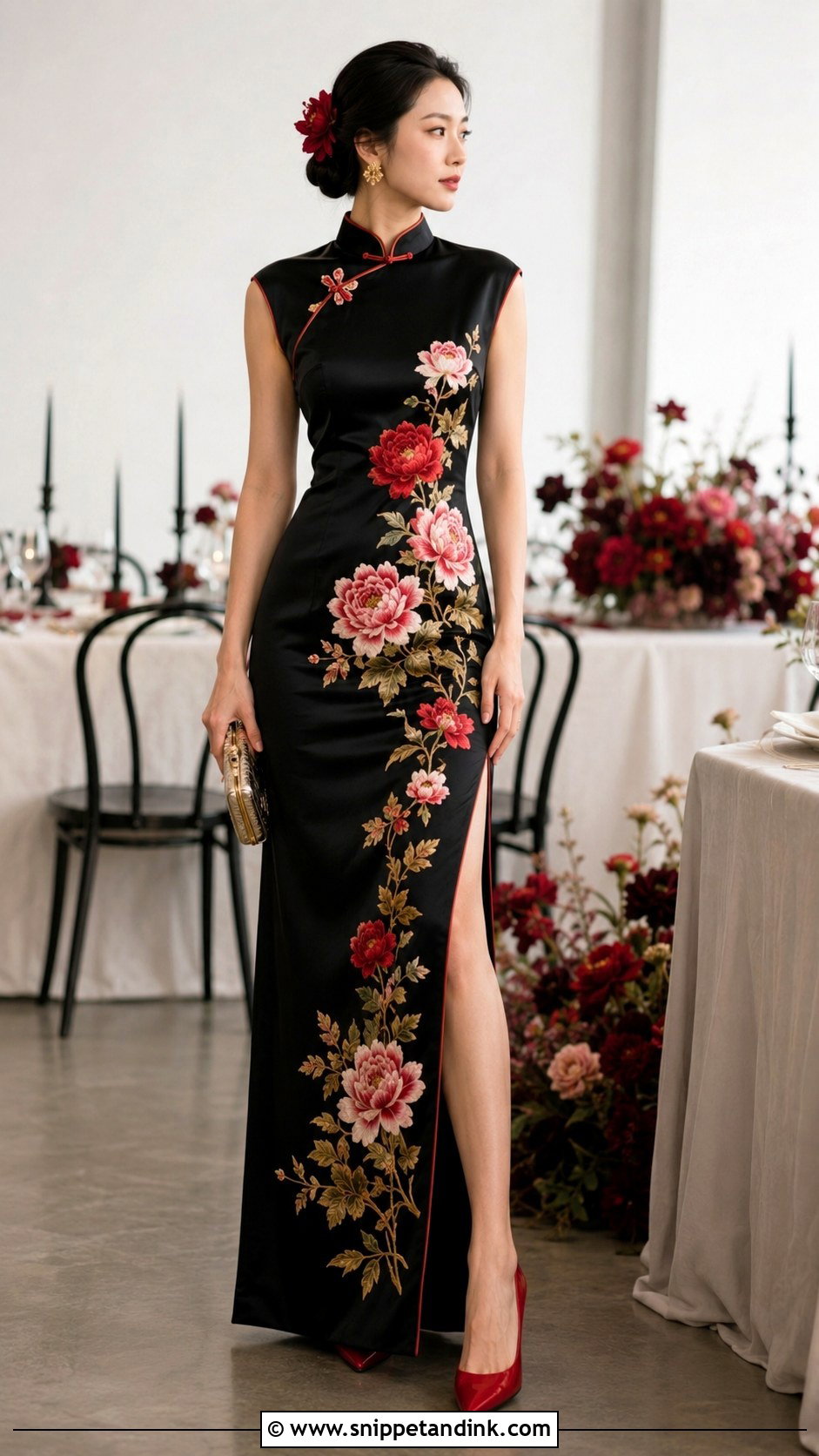 Black Floral Cheongsam Wedding Dress - Snippet and Ink - 20 Cheongsam Wedding Dress Ideas