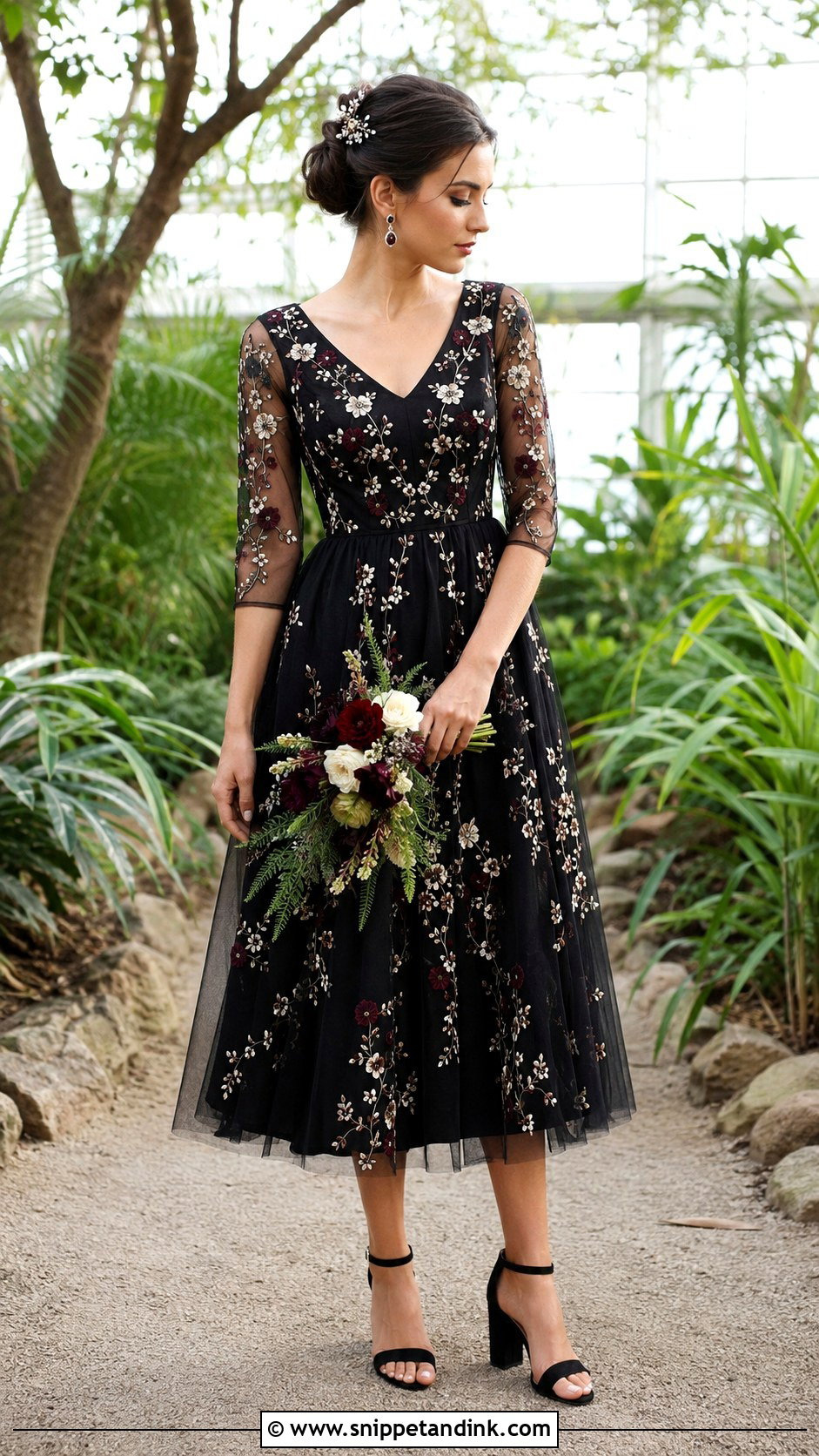 Black Floral Elopement Dress With Block Heels - Snippet and Ink - 20 Black Elopement Dress Ideas