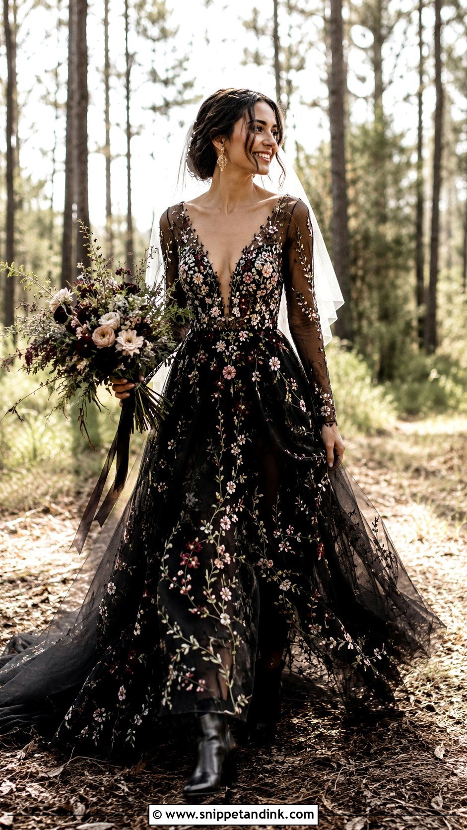 Black Floral Embroidered Boho Wedding Dress - Snippet and Ink - 20 Boho Black Wedding Dress Ideas