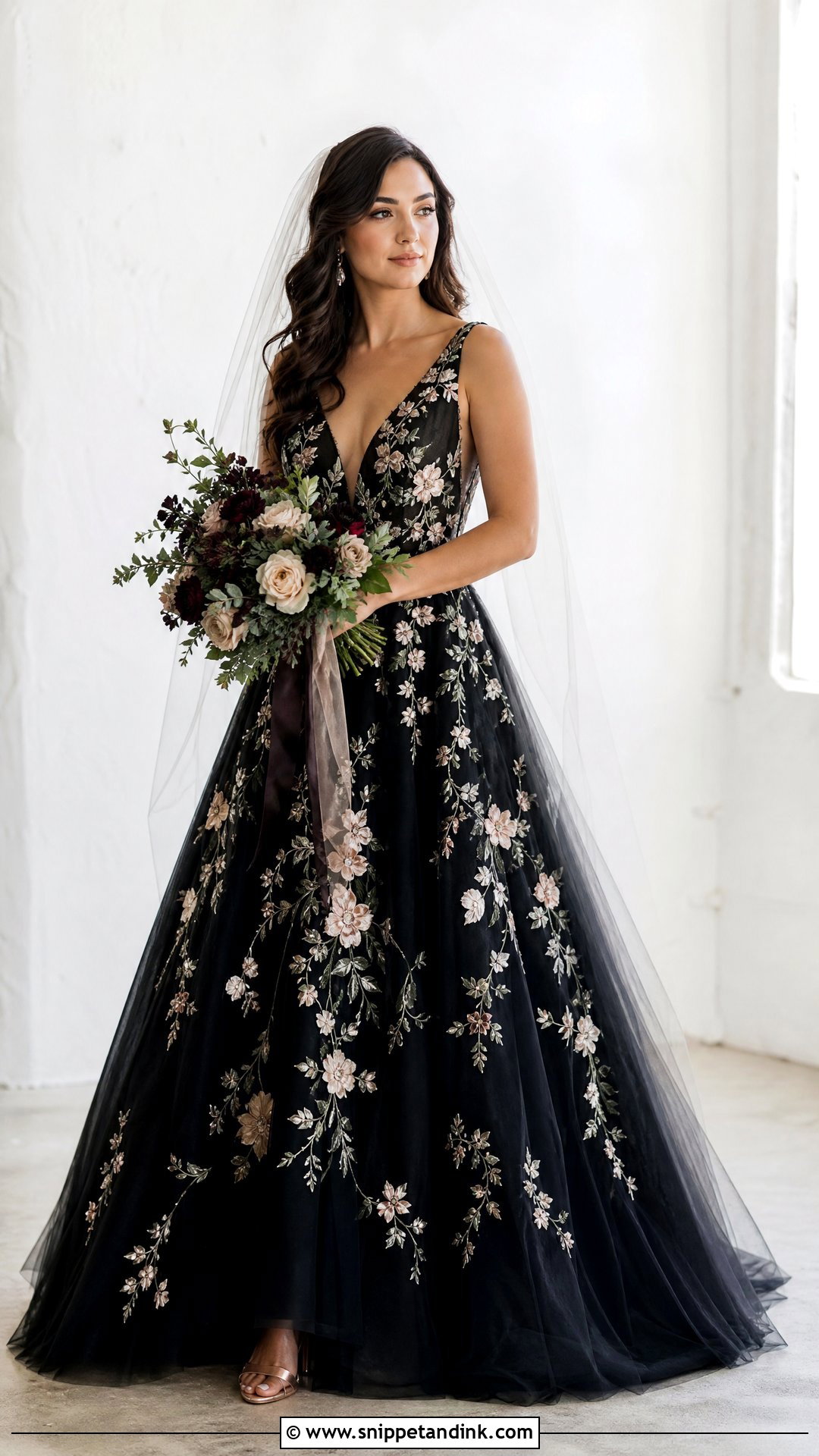 Black Floral Embroidered Wedding Dress - Snippet and Ink - 30 Elegant Black Wedding Dress Ideas