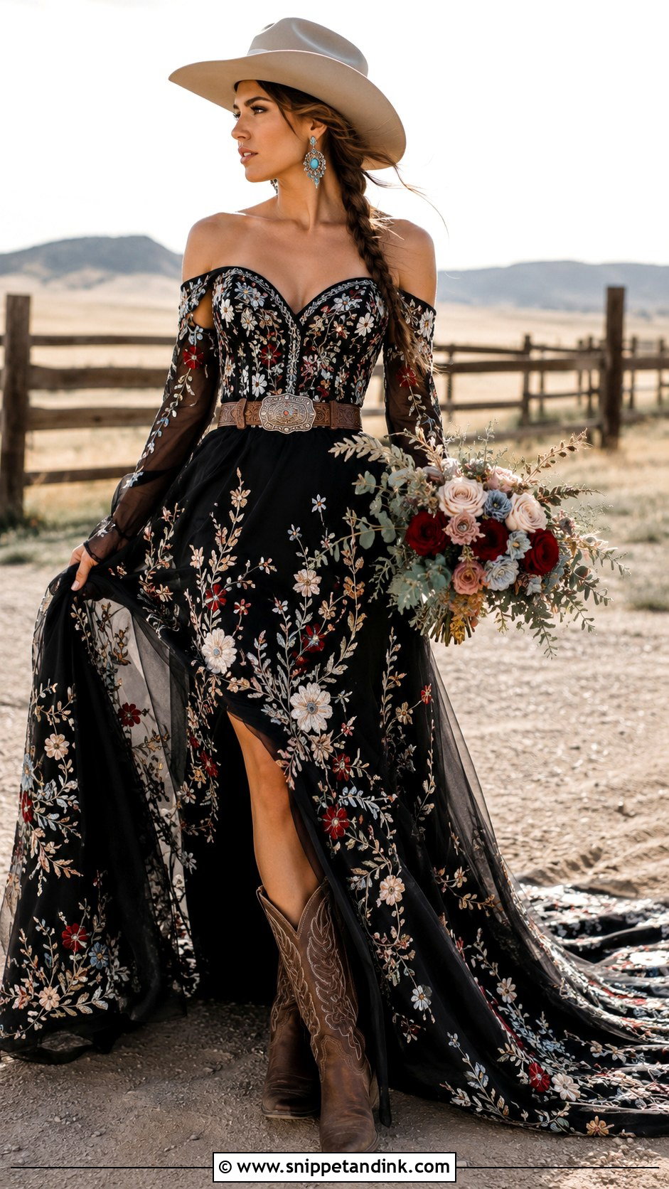 Black Floral Embroidered Western Wedding Dress - Snippet and Ink - 20 Black Western Wedding Dress Ideas