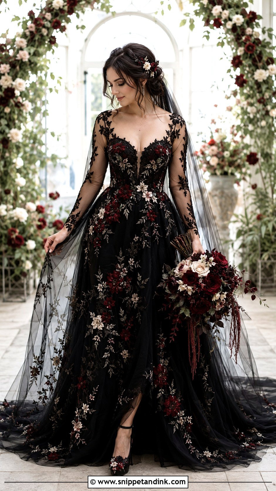 Black Floral Gothic Wedding Dress - Snippet and Ink - 25 Gothic Black Wedding Dress Ideas