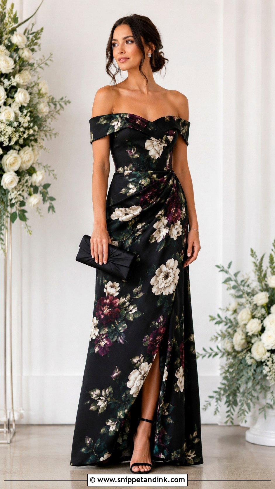 Black Floral Maid of Honor Dress With Minimal Jewelry - Snippet and Ink - 20 Floral Maid of Honor Dress Ideas
