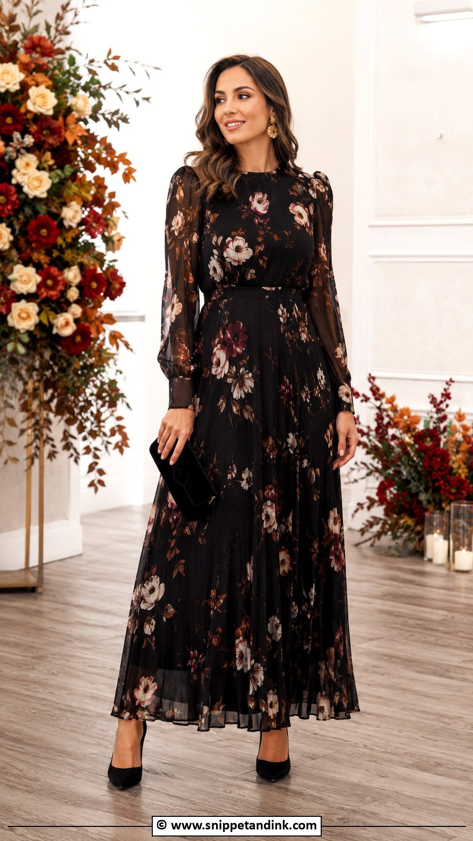 Black Floral Maxi Dress Outfit - Snippet and Ink - 30 Autumn Wedding Dress Ideas