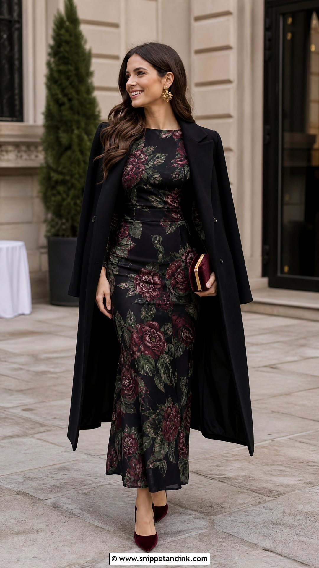 Black Floral Maxi Dress Winter Wedding Outfit - Snippet and Ink - 20 Winter Outfit for Wedding Ideas