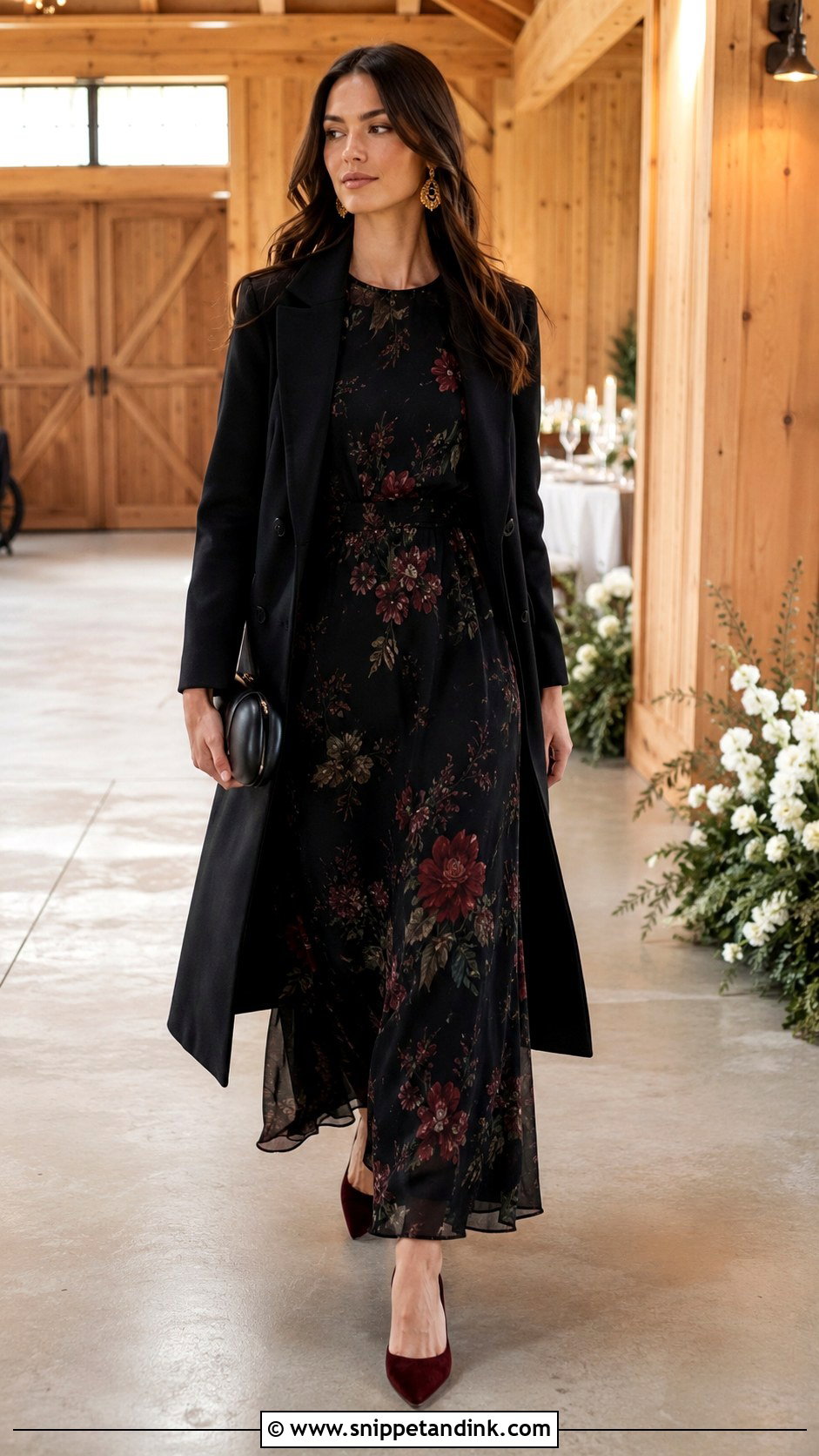 Black Floral Maxi Dress With Burgundy Heels - Snippet and Ink - 20 Casual Winter Wedding Dress Ideas