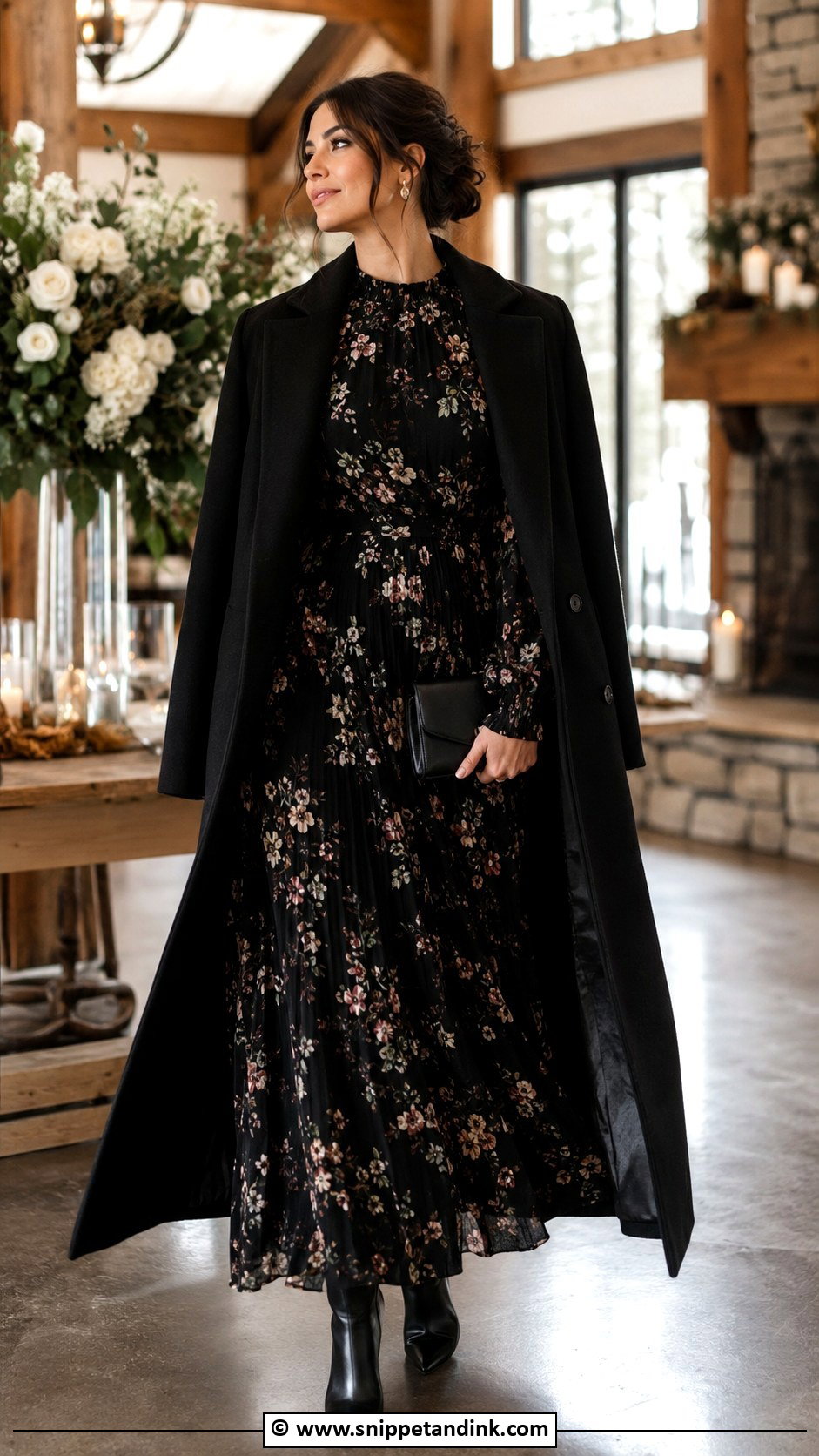 Black Floral Maxi Dress With Heeled Boots - Snippet and Ink - 35 Winter Wedding Dress Ideas