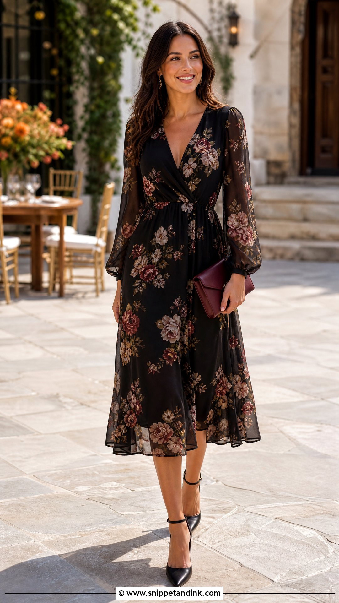 Black Floral Midi Dress - Snippet and Ink - 25 Fall Dresses to Wear to a Wedding