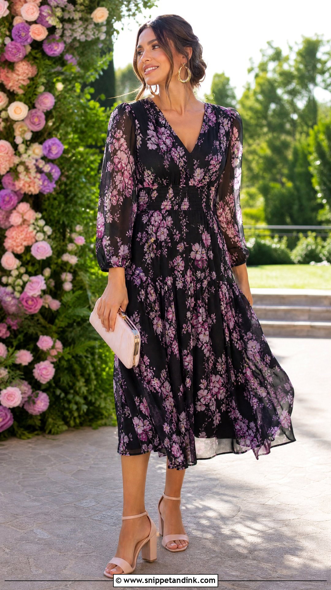 Black Floral Midi Dress Wedding Outfit - Snippet and Ink - 25 Black Dress Outfit Wedding Ideas