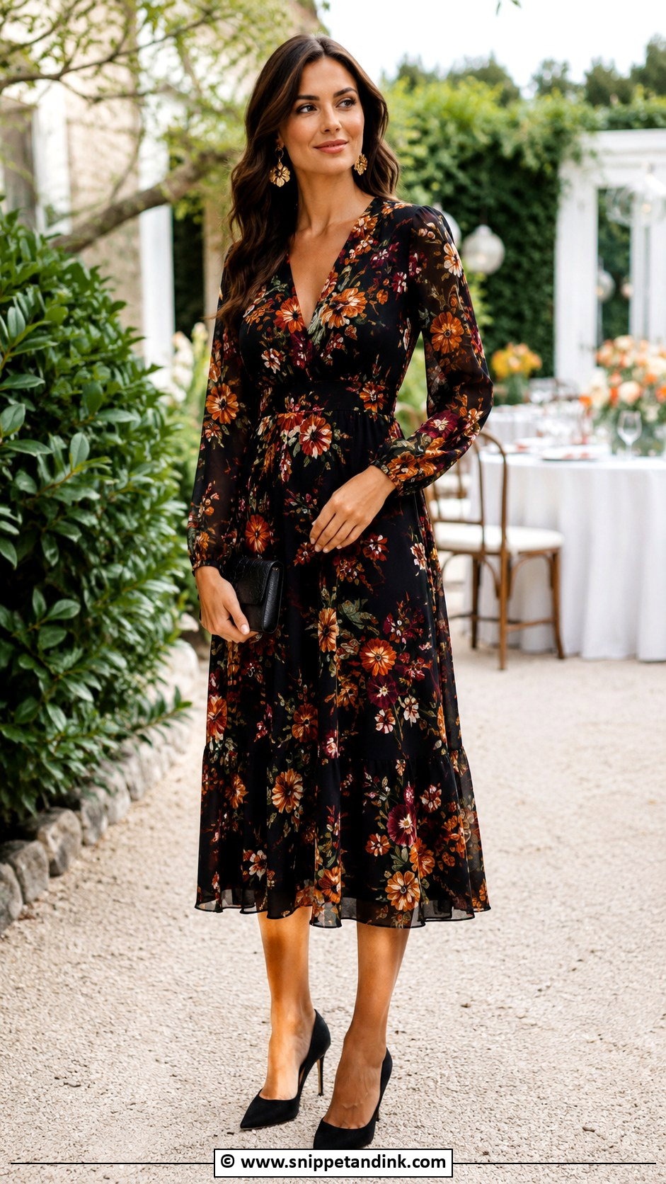 Black Floral Midi Dress - Snippet and Ink - 30 Fall Wedding Dress Ideas