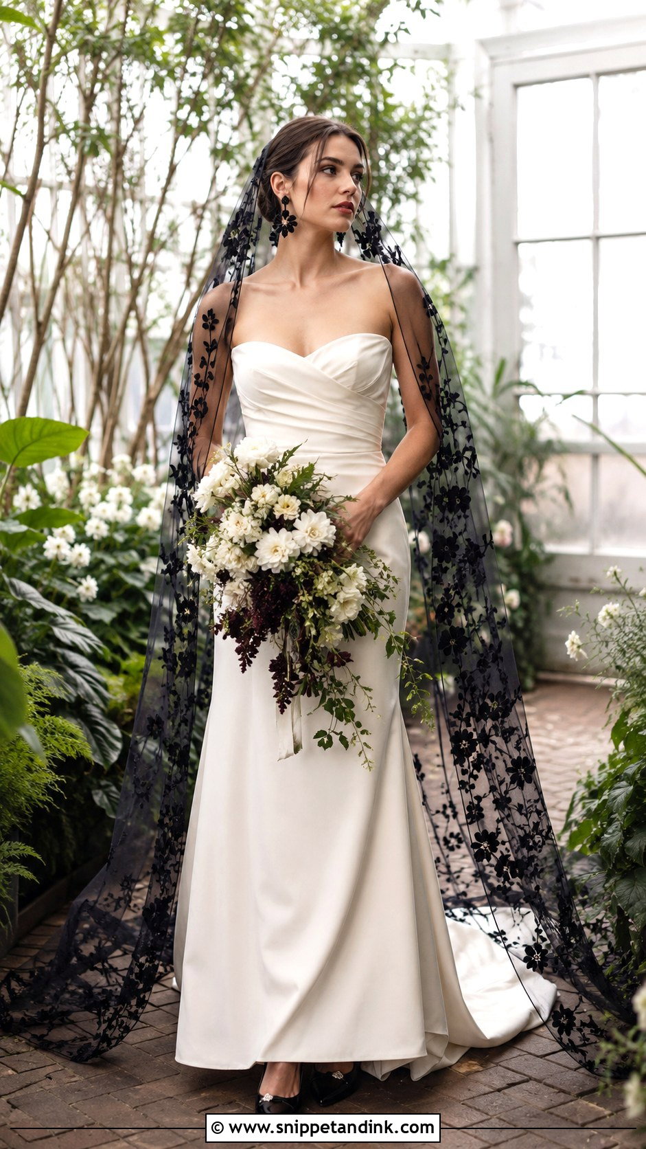 Black Floral Veil With Strapless Wedding Gown - Snippet and Ink - 20 Black Vail Bride Ideas
