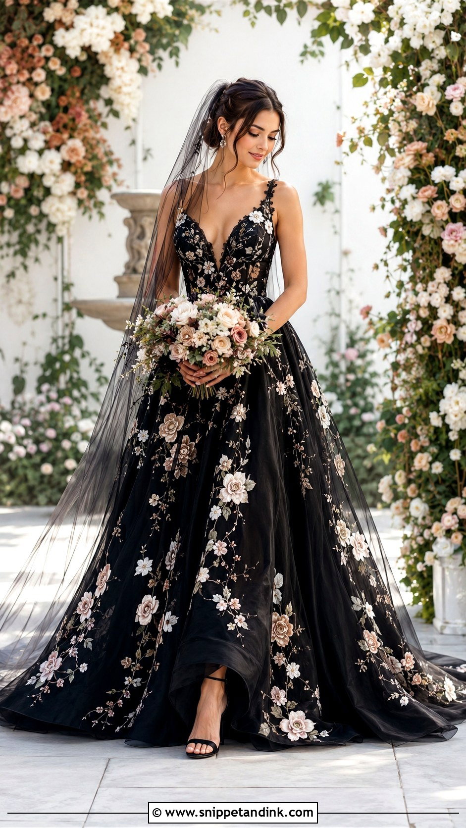 Black Floral Wedding Dress - Snippet and Ink - 25 Black Wedding Dress Aesthetic Ideas
