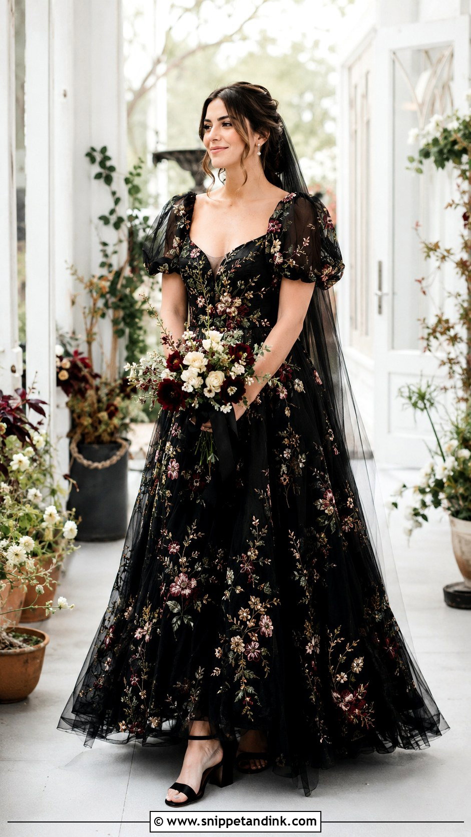 Black Floral Wedding Dress With Puff Sleeves - Snippet and Ink - 20 Dark Wedding Dresses