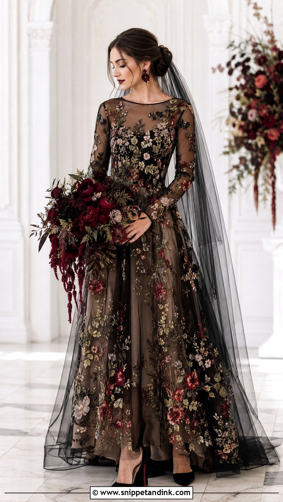 Black Floral Wedding Dress With Velvet Heels - Snippet and Ink - 20 Colorful Wedding Dresses